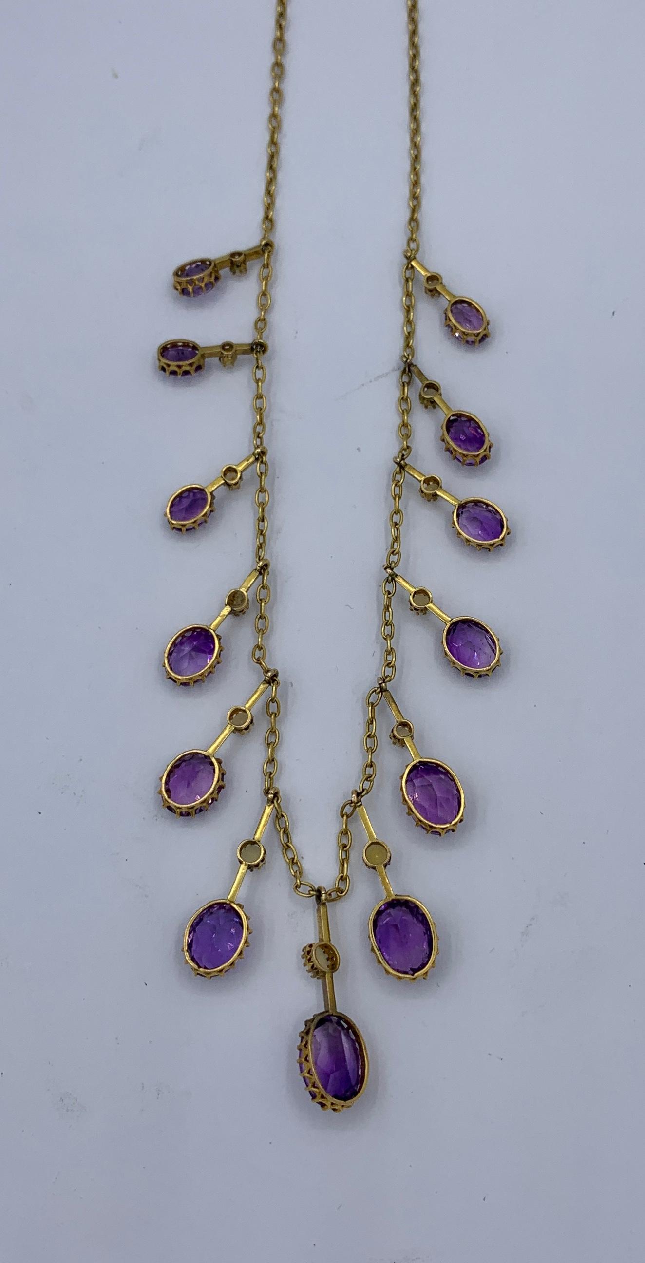 Viktorianische sibirische Amethyst-Perlenkette aus Gold mit antiken Fransen-Tropfen Riviere im Angebot 3