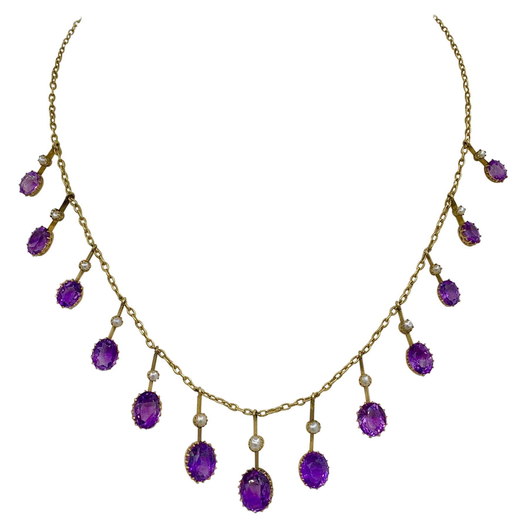 Collier ancien rivière à franges en or avec perles d'améthyste de Sibérie de style victorien