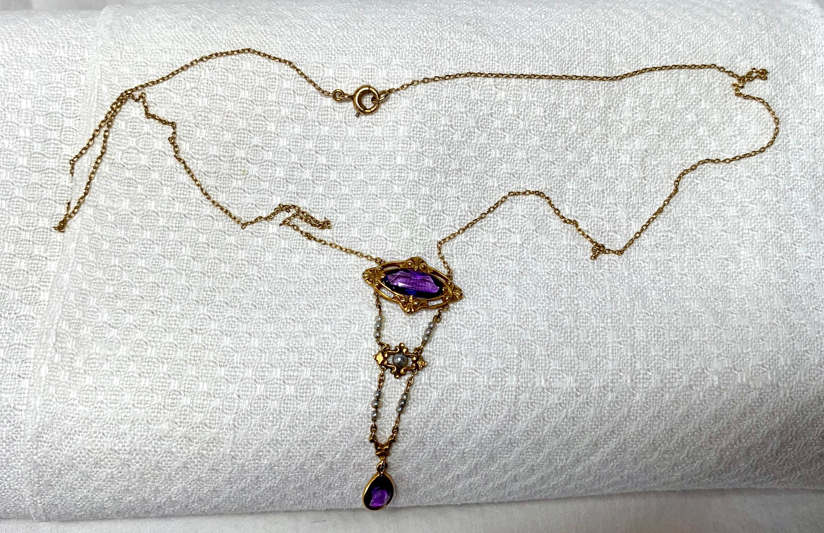 Oval Cut Victorian Siberian Amethyst Pearl Necklace Antique Lavaliere 14 Karat Gold