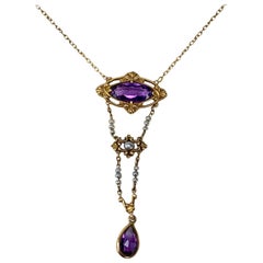 Antike viktorianische sibirische Amethyst-Perlenkette, Lavaliere 14 Karat Gold