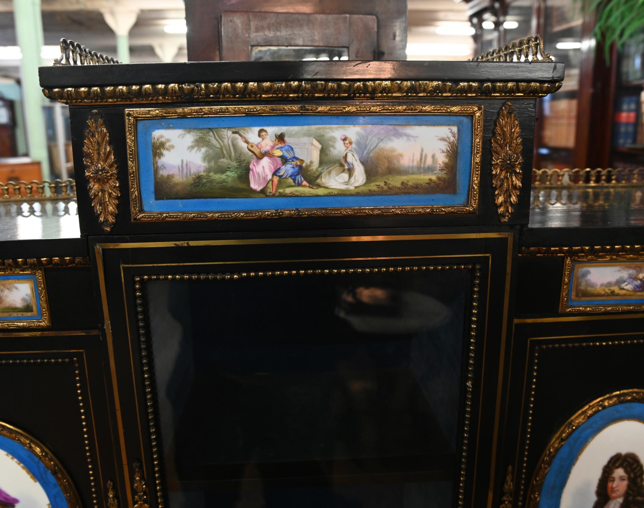 Victorian Side Cabinet Ebonized Sevres Porcelain Plaques 1880 For Sale 6