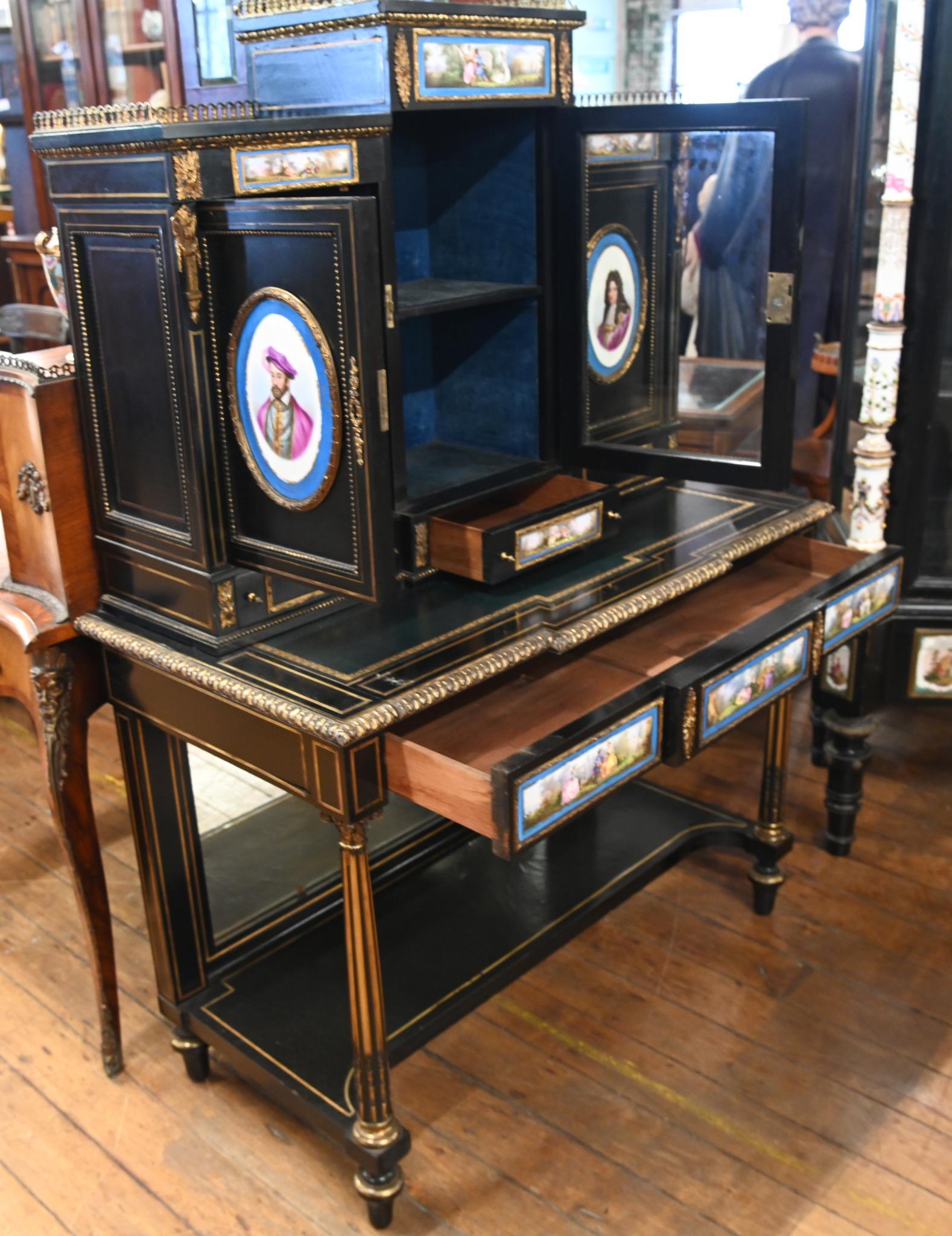 Late 19th Century Victorian Side Cabinet Ebonized Sevres Porcelain Plaques 1880 For Sale