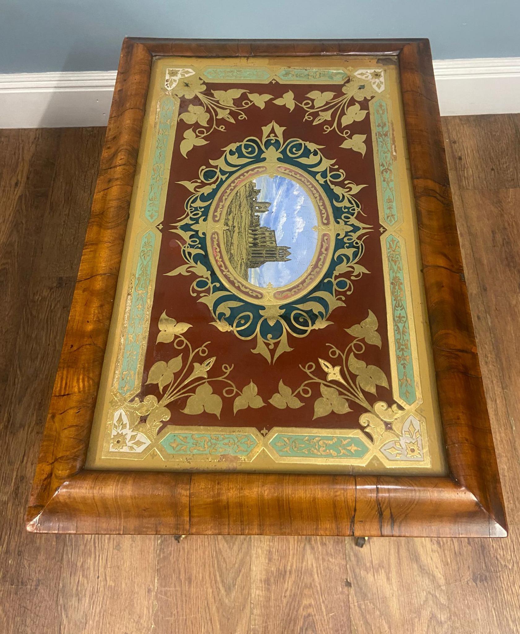 Victorian Side Table Whitby Abbey Painted Reverse Eglomise Walnut 1840 For Sale 7