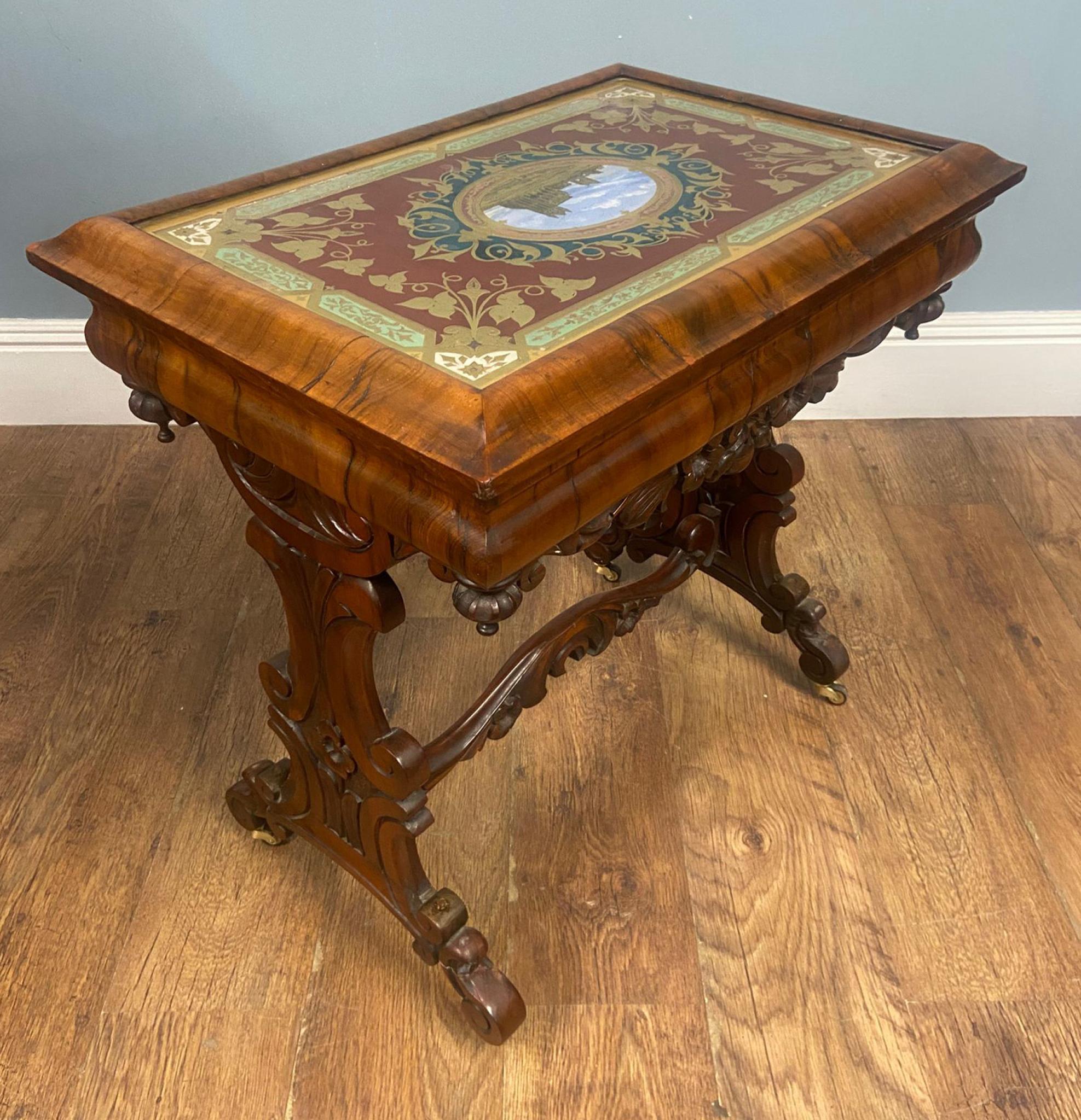 Victorian Side Table Whitby Abbey Painted Reverse Eglomise Walnut 1840 For Sale 8