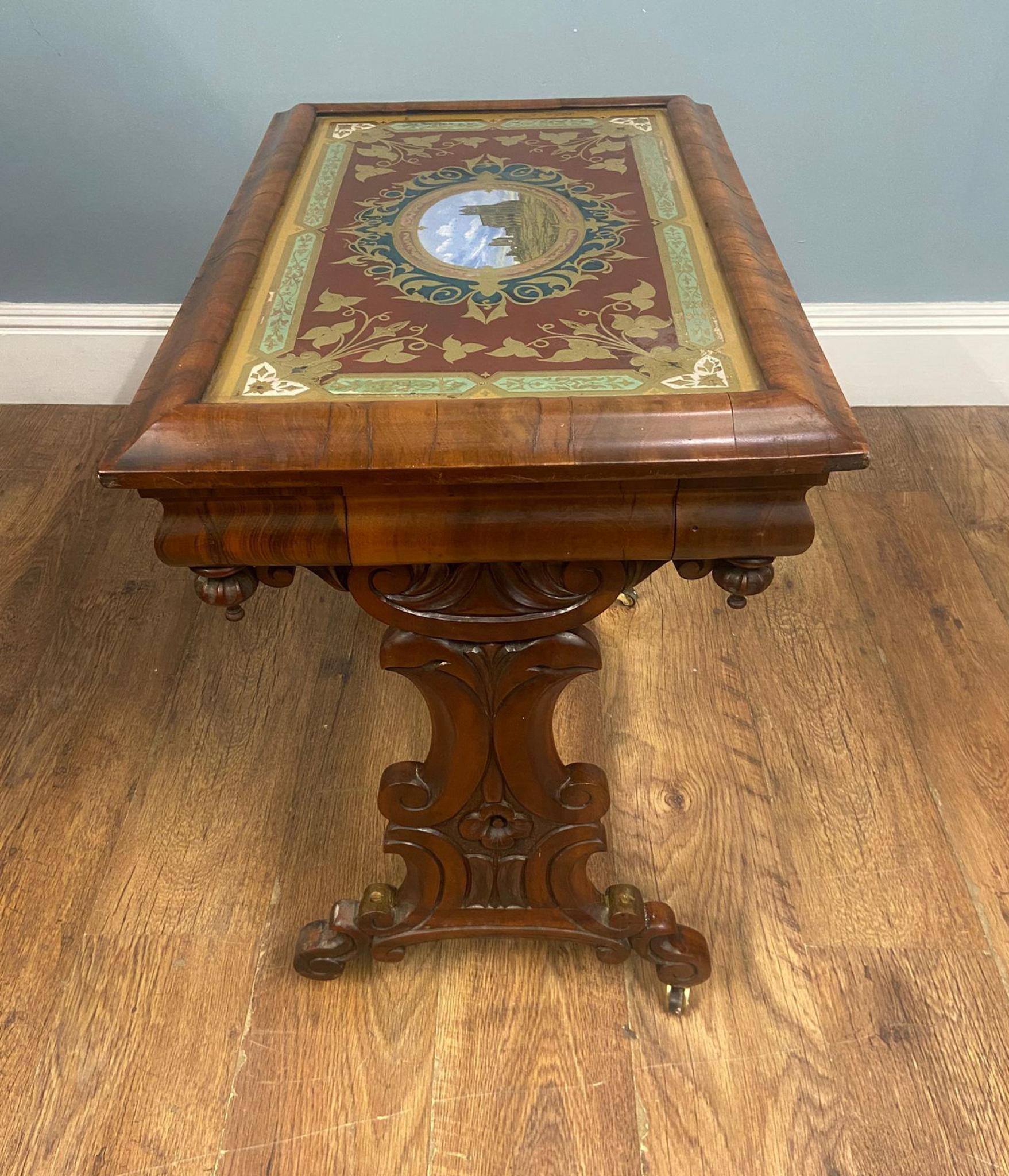 Mid-19th Century Victorian Side Table Whitby Abbey Painted Reverse Eglomise Walnut 1840 For Sale