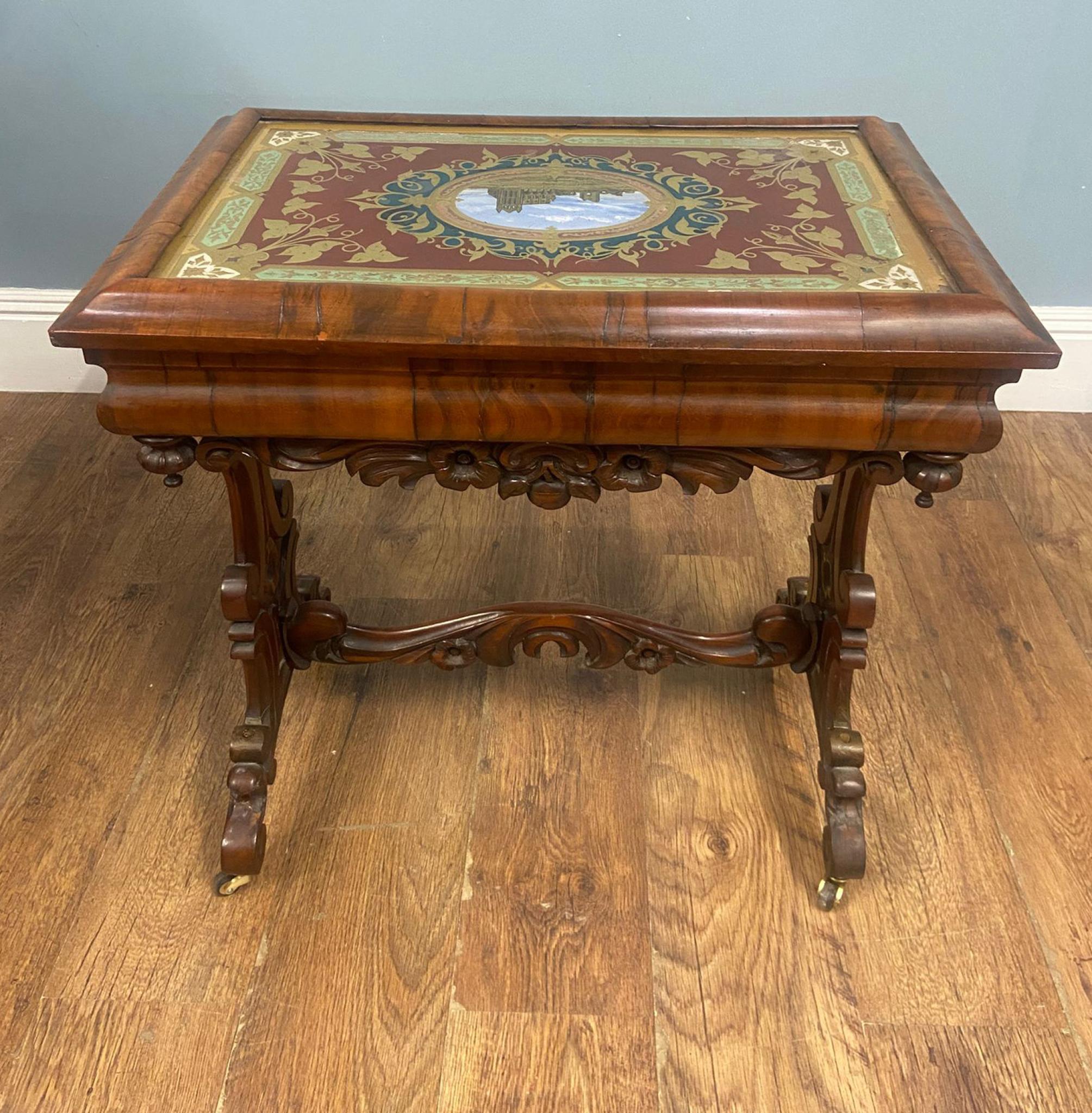 Victorian Side Table Whitby Abbey Painted Reverse Eglomise Walnut 1840 For Sale 1