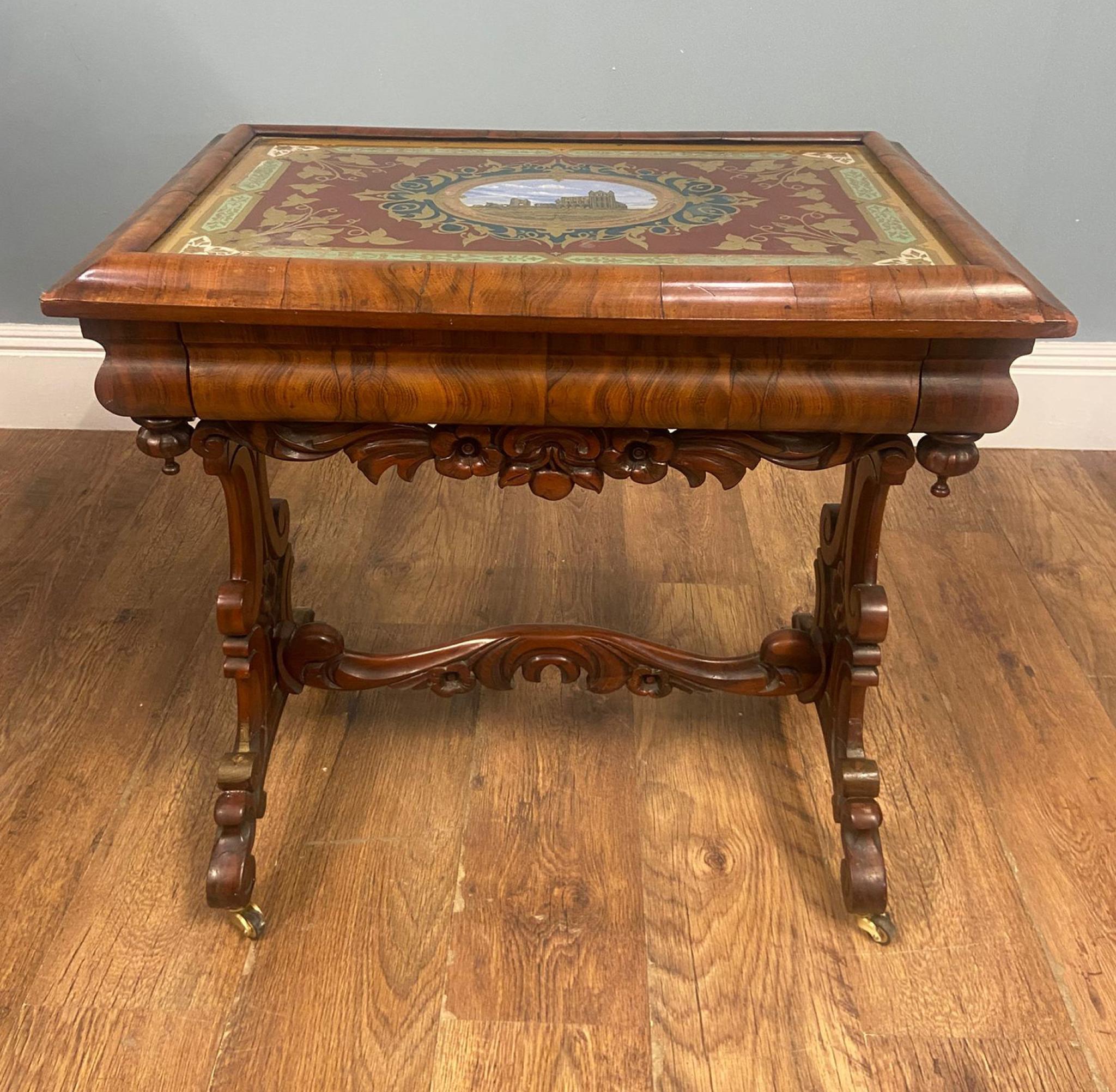 Victorian Side Table Whitby Abbey Painted Reverse Eglomise Walnut 1840 For Sale 4