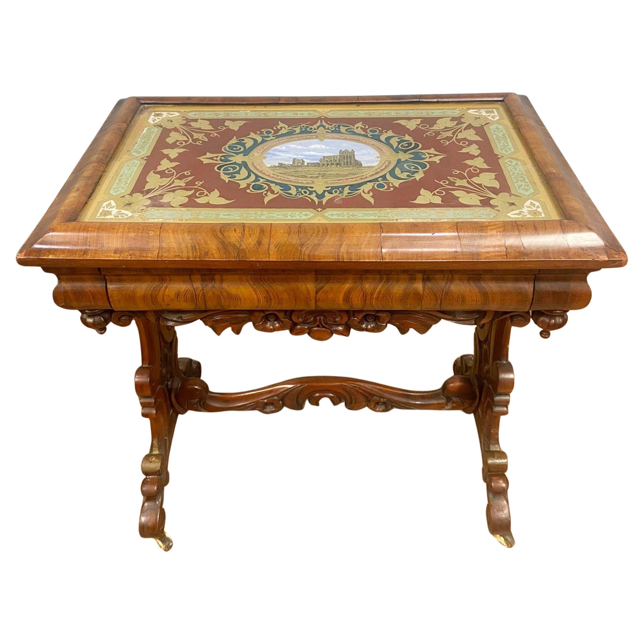 Victorian Side Table Whitby Abbey Painted Reverse Eglomise Walnut 1840 For Sale