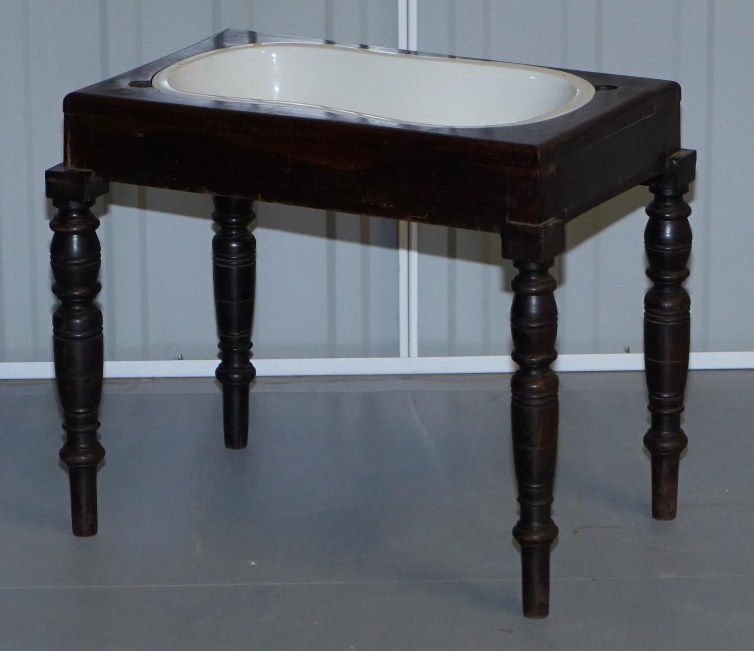 English Victorian Side Table with Ceramic Stamped Porcelain Baby or Foot Bath Wash Basin