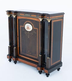 Victorian Sideboard Cabinet Ebony Walnut Porcelain Plaques 1860