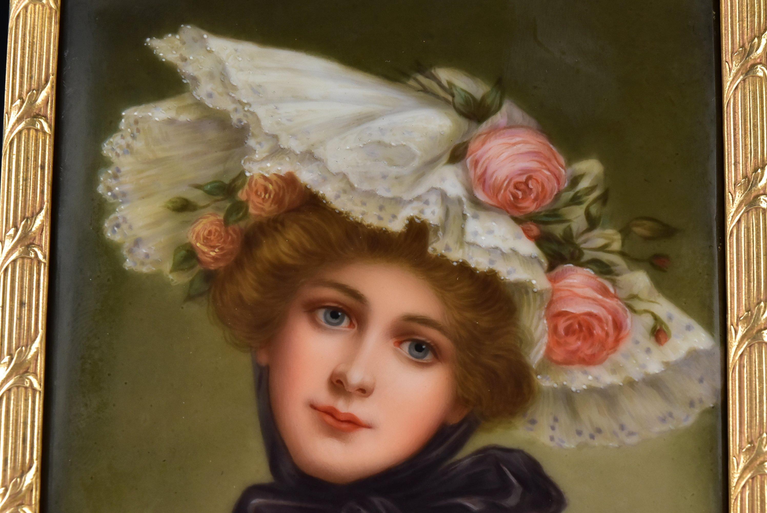 Victorian Signed Wagner German Painting on Porcelain of Young Woman In Good Condition In Newport, NH