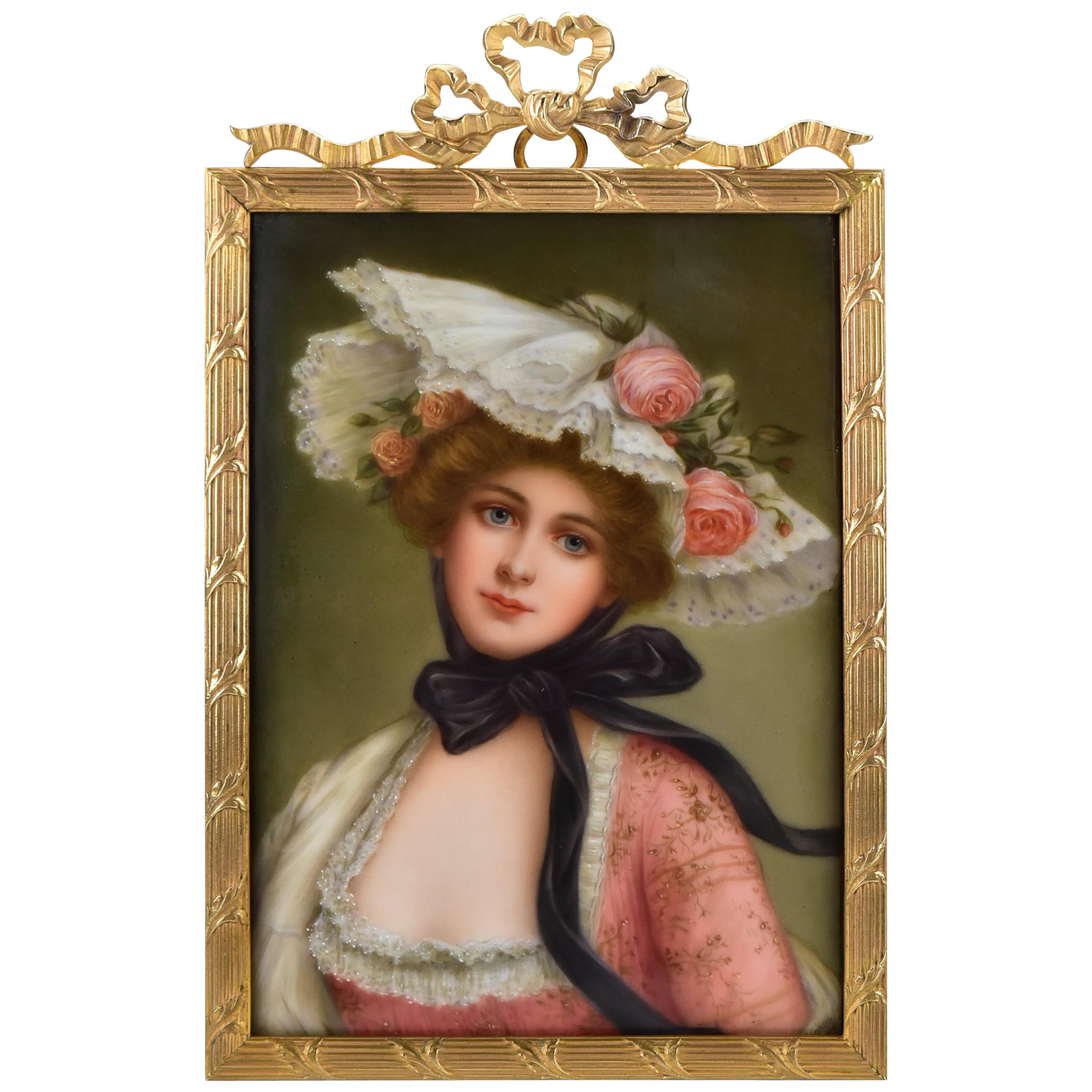 Victorian Signed Wagner German Painting on Porcelain of Young Woman