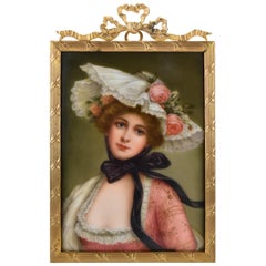 Victorian Signed Wagner German Painting on Porcelain of Young Woman