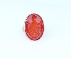 Victorian Signet Carnelian Intaglio Armorial Dragon Gold Ring, 1880