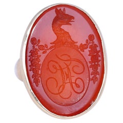 Victorian Signet Carnelian Intaglio Armorial Dragon Gold Ring, 1880