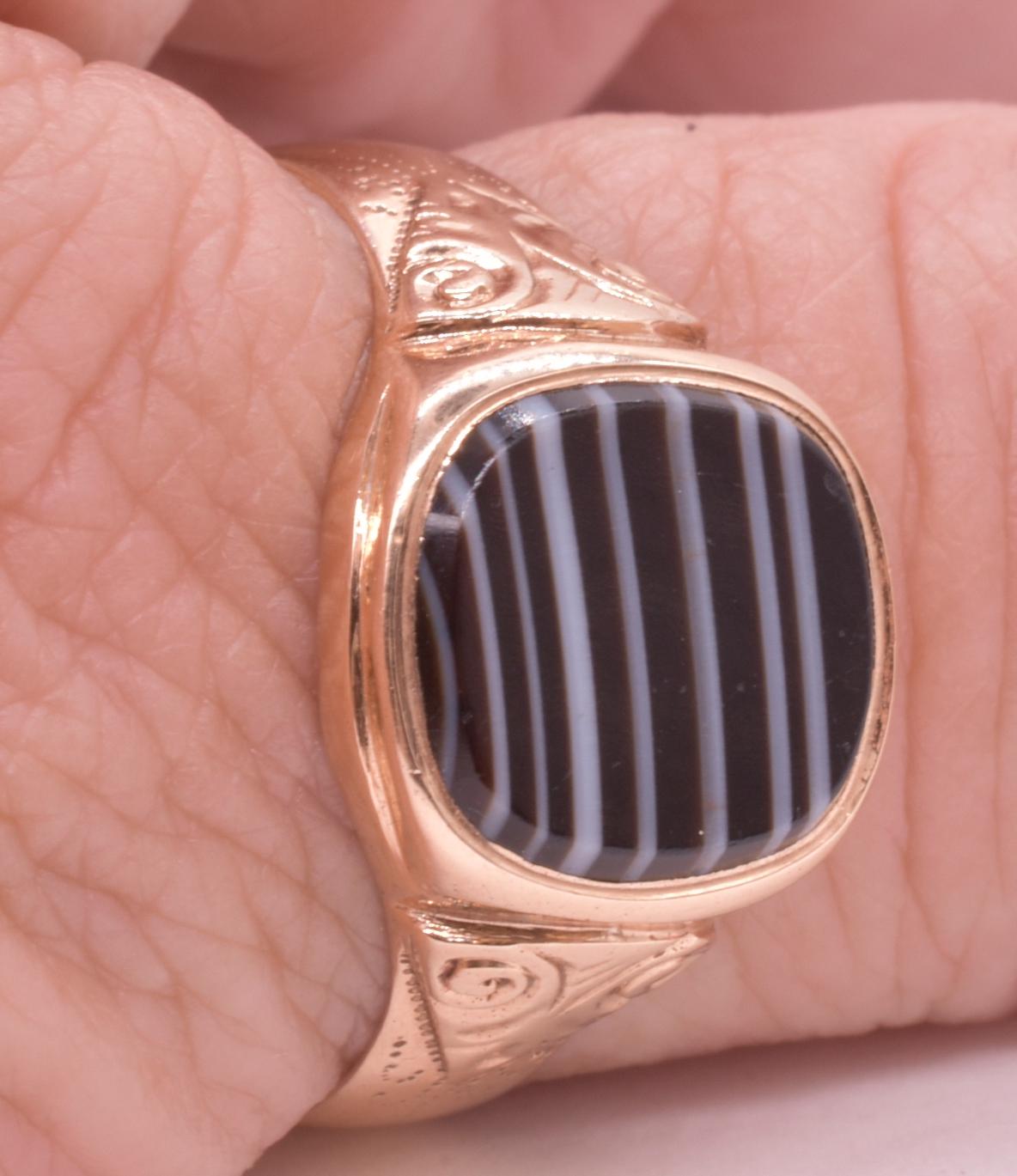 Women's or Men's Victorian Signet Ring of 12K & Banded Agate