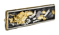Victorian Silver 18 Karat Gold Mixed Metal Shakudo Ryujin Dragon Bar Brooch