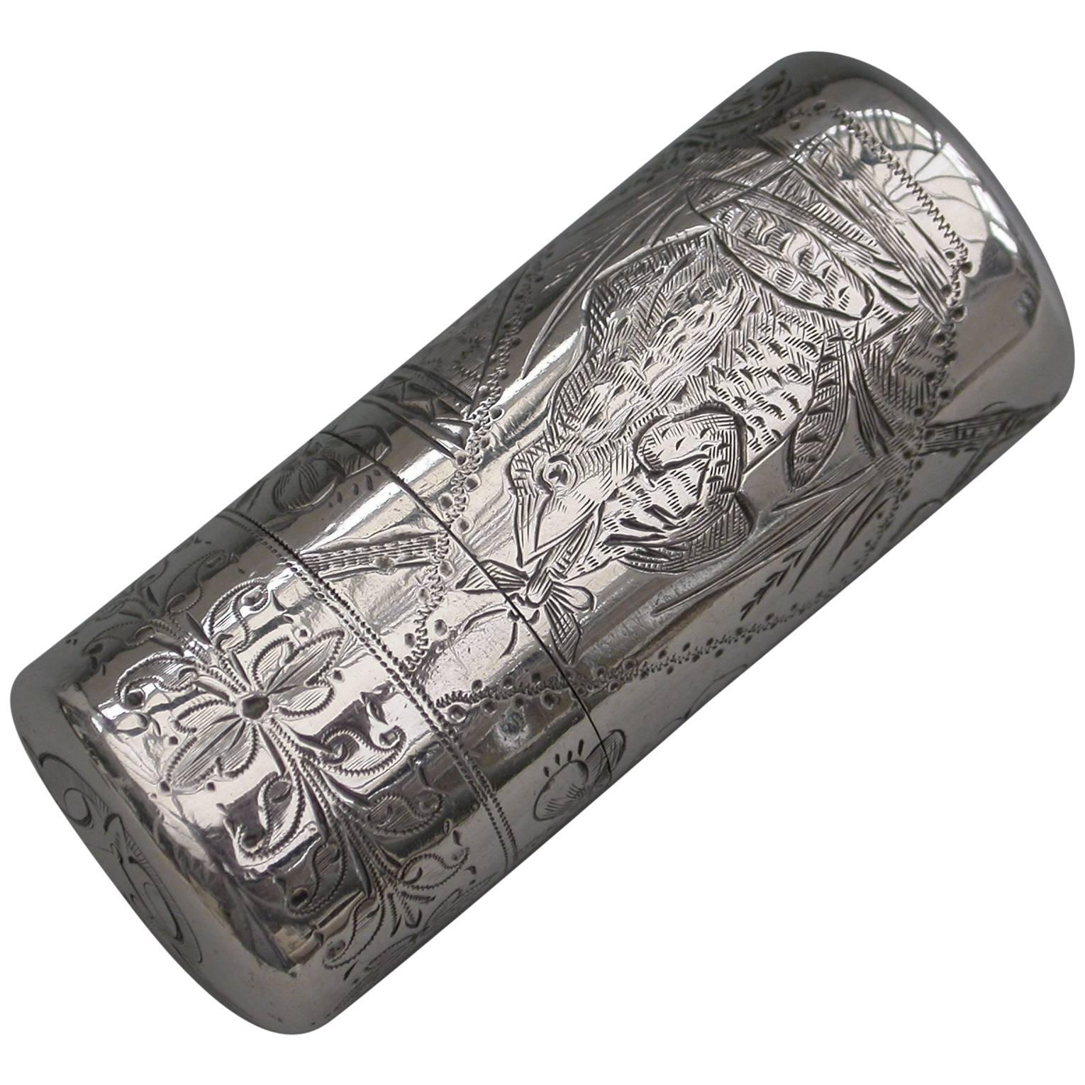 Victorian Silver Aesthetic Frog Engraved Scent Bottle by Sampson Mordan, 1881