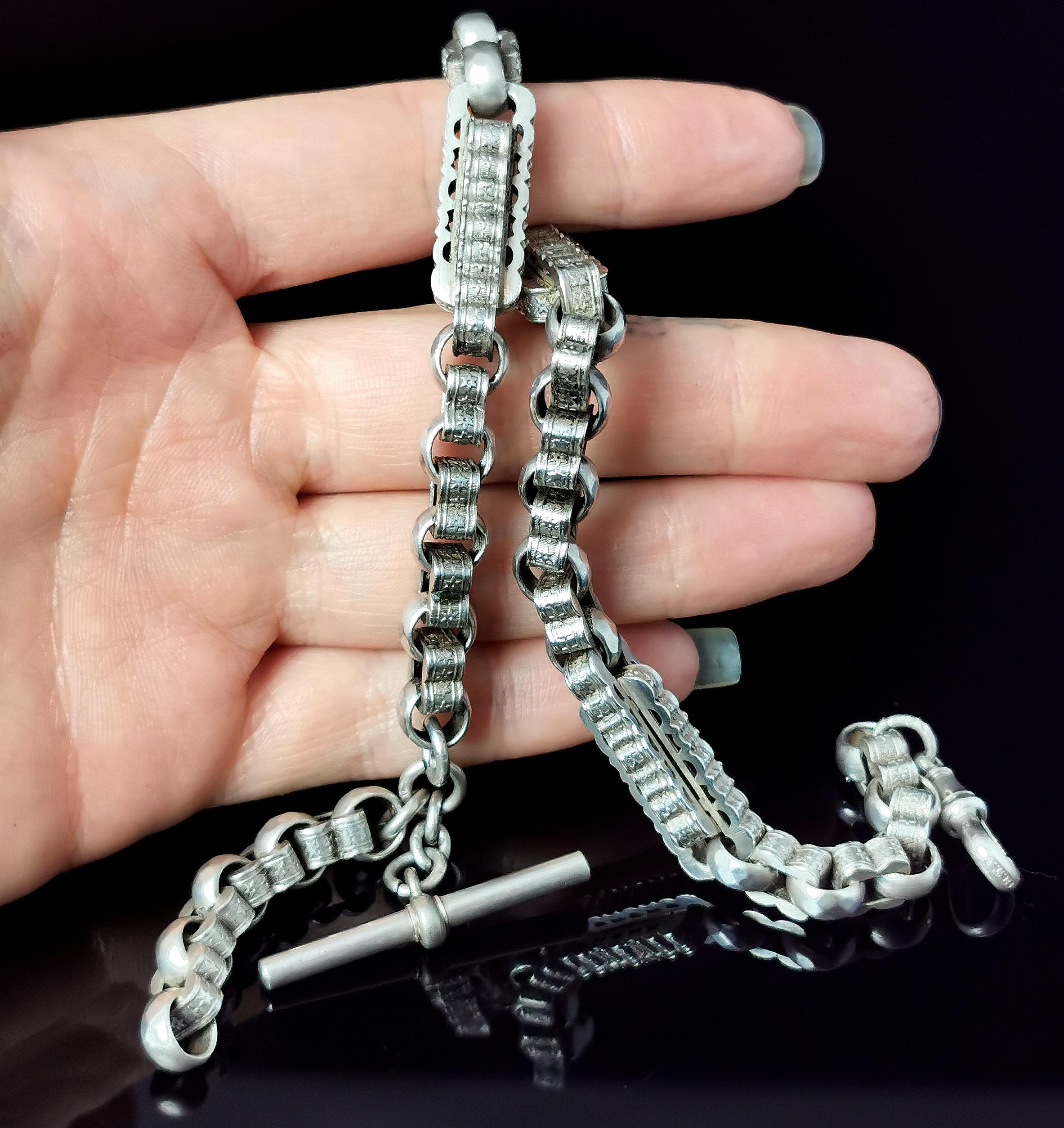 Victorian Silver Albert Chain, Fancy Link, Watch Chain In Fair Condition In NEWARK, GB