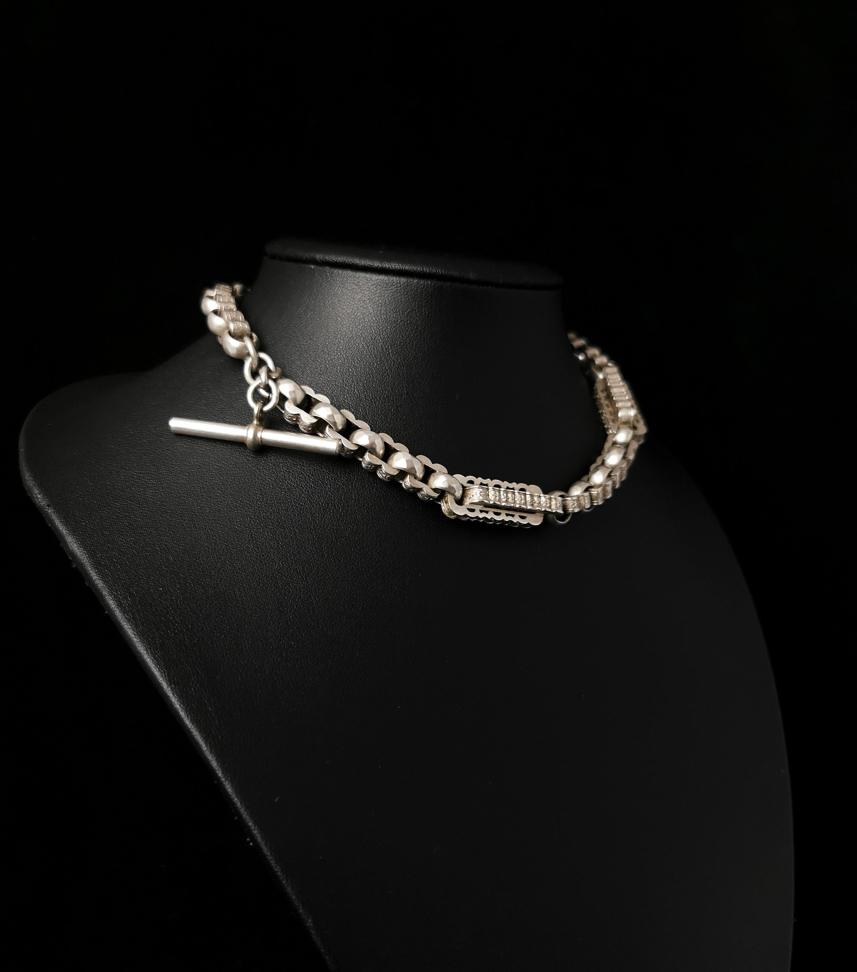 Women's or Men's Victorian Silver Albert Chain, Fancy Link, Watch Chain