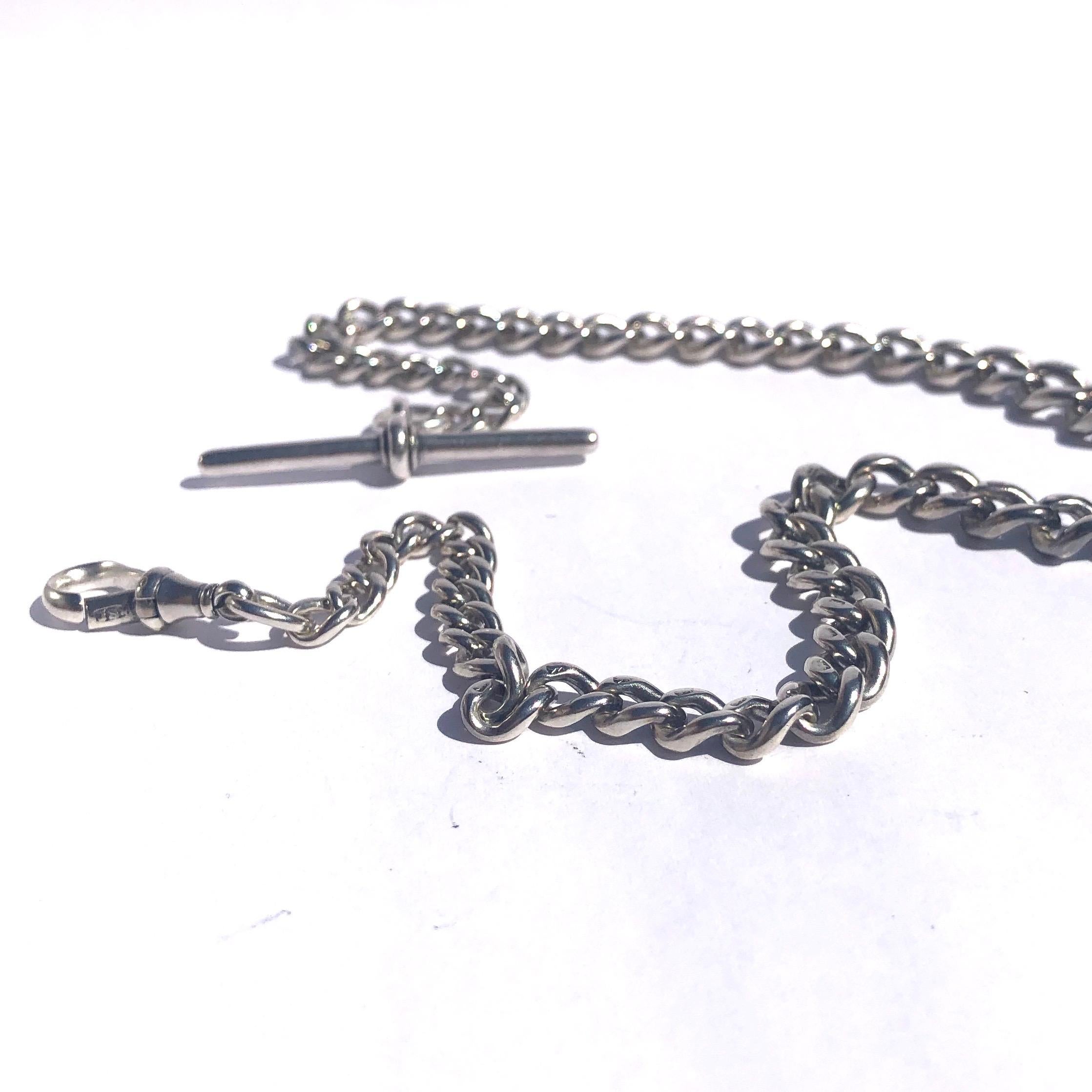 An Albert chain is an essential in any gents wardrobe. This particular Albert  is simple with a dog clip one end and a t-bar on the other. 

Length: 36cm 

Weight: 30.7g