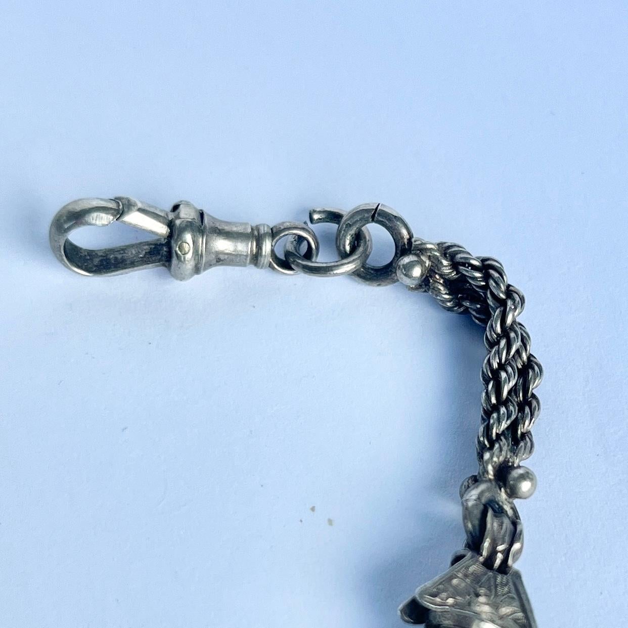 Victorian Silver Albert Chain With Hook and Dog Clip In Good Condition For Sale In Chipping Campden, GB