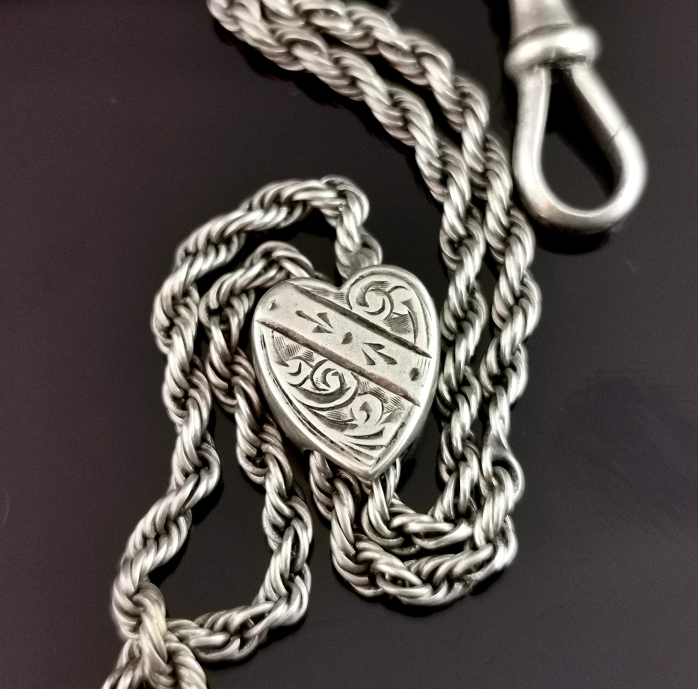 Victorian Silver Albertina Chain, Bracelet, Heart Slider In Fair Condition In NEWARK, GB
