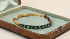 Pulsera victoriana de plata y oro amarillo de 14 quilates. Esmeralda Cabujón de Diamante Euro Antiguo