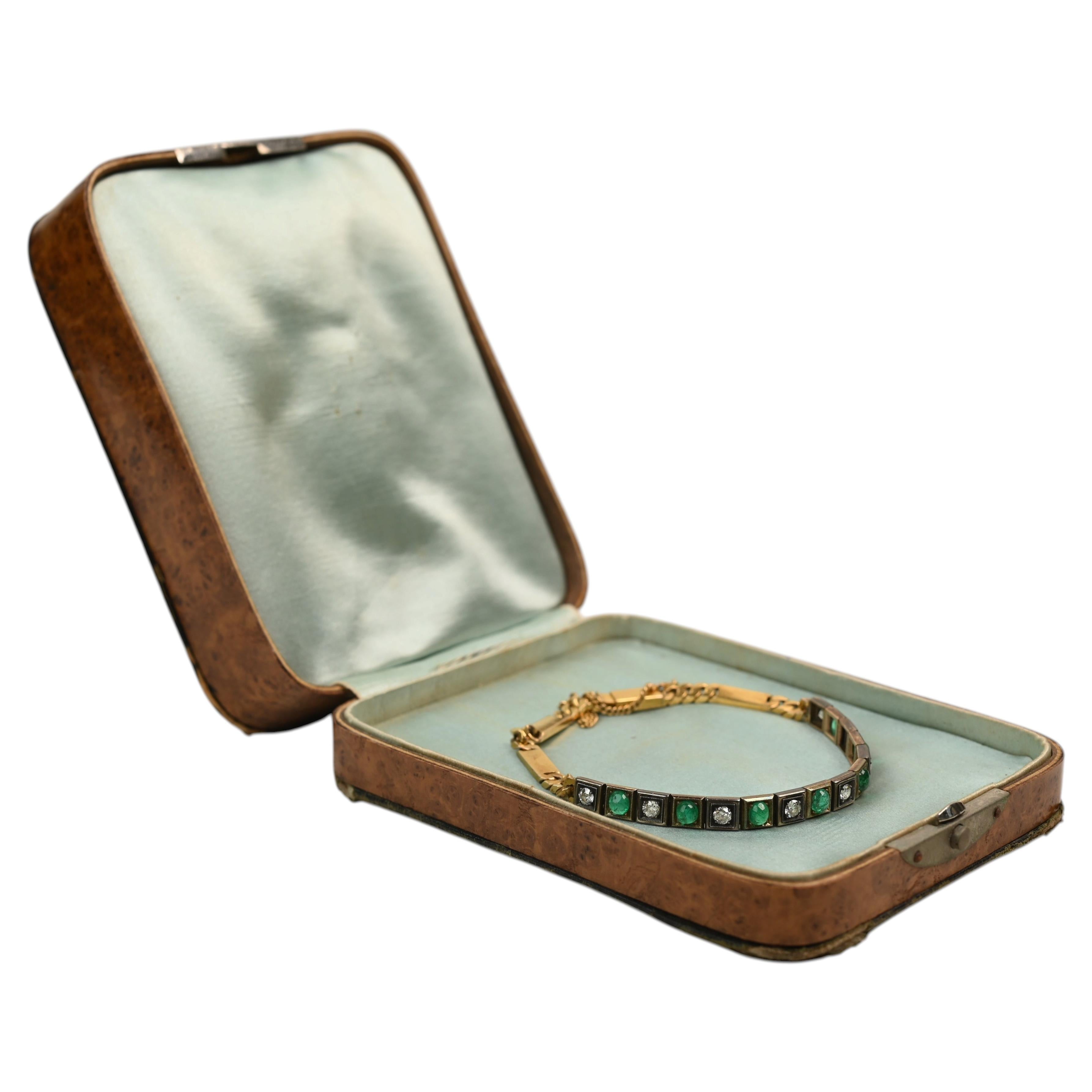 Bracciale vittoriano in argento e oro giallo 14 carati. Diamante Vecchio Euro Cabochon Smeraldo in vendita