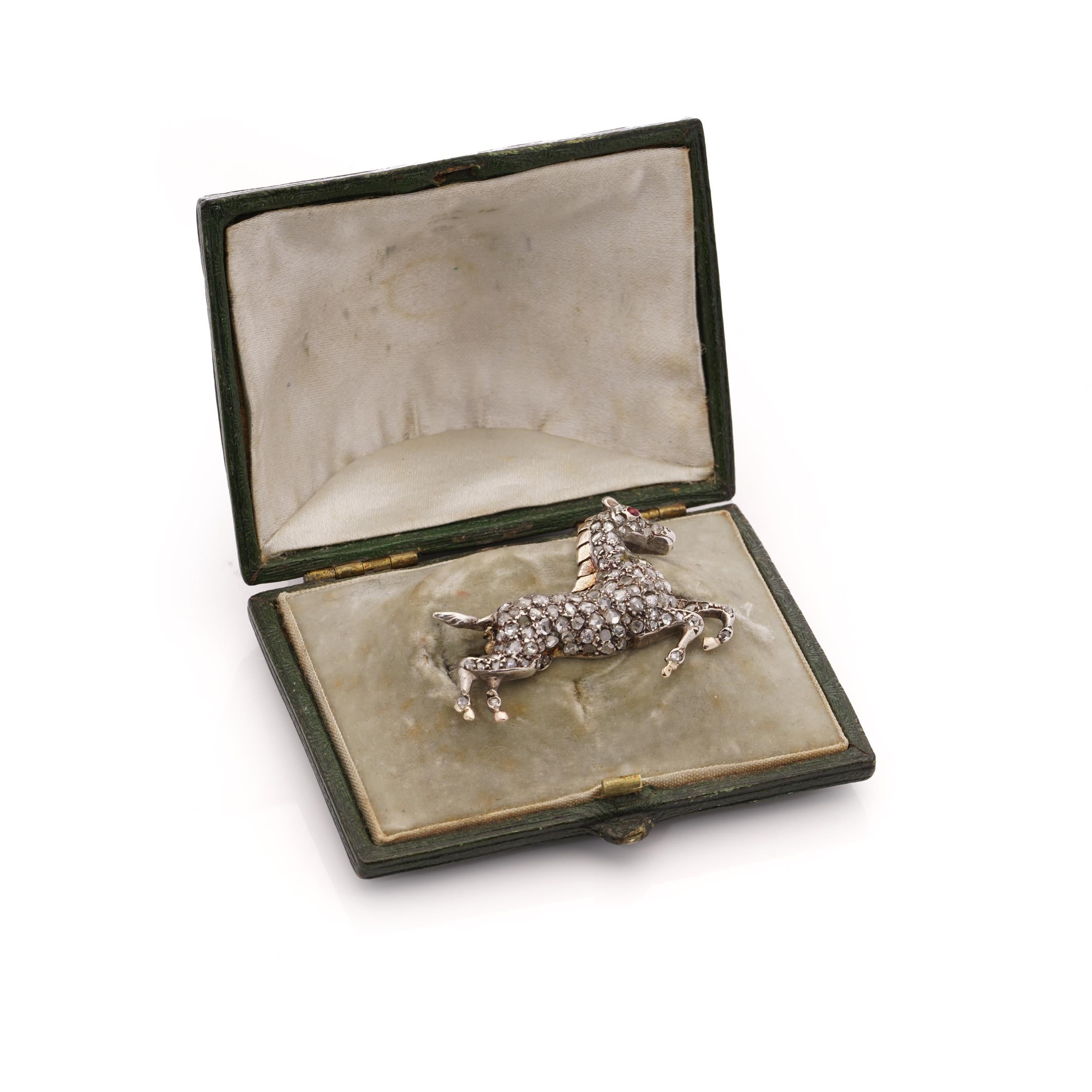 Rose Cut Victorian silver and 9kt gold plated back, horse brooch with rose cut diamonds For Sale