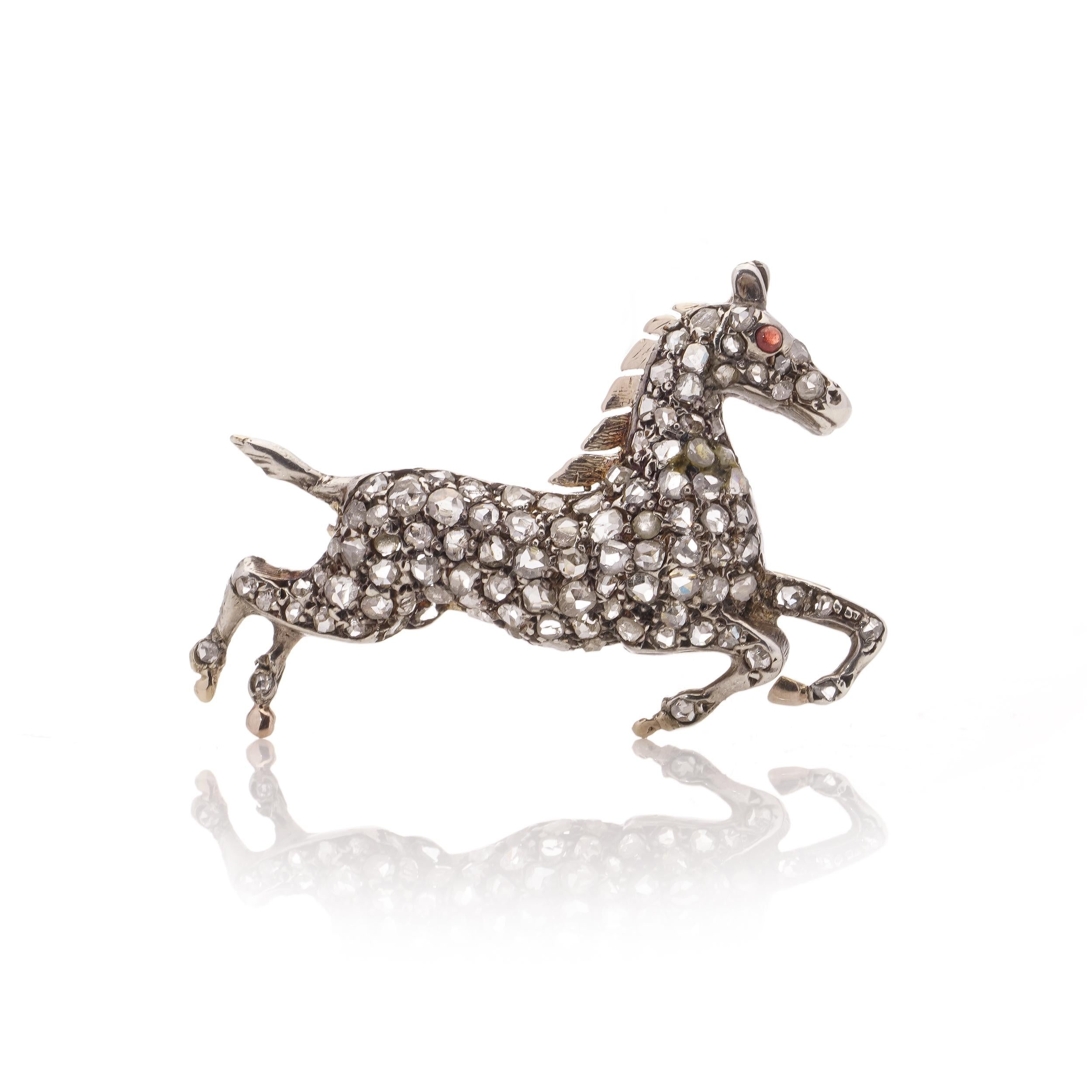 Viktorianisches Silber und 9kt vergoldete Rückseite, Pferdebrosche mit Diamanten im Rosenschliff für Damen oder Herren im Angebot