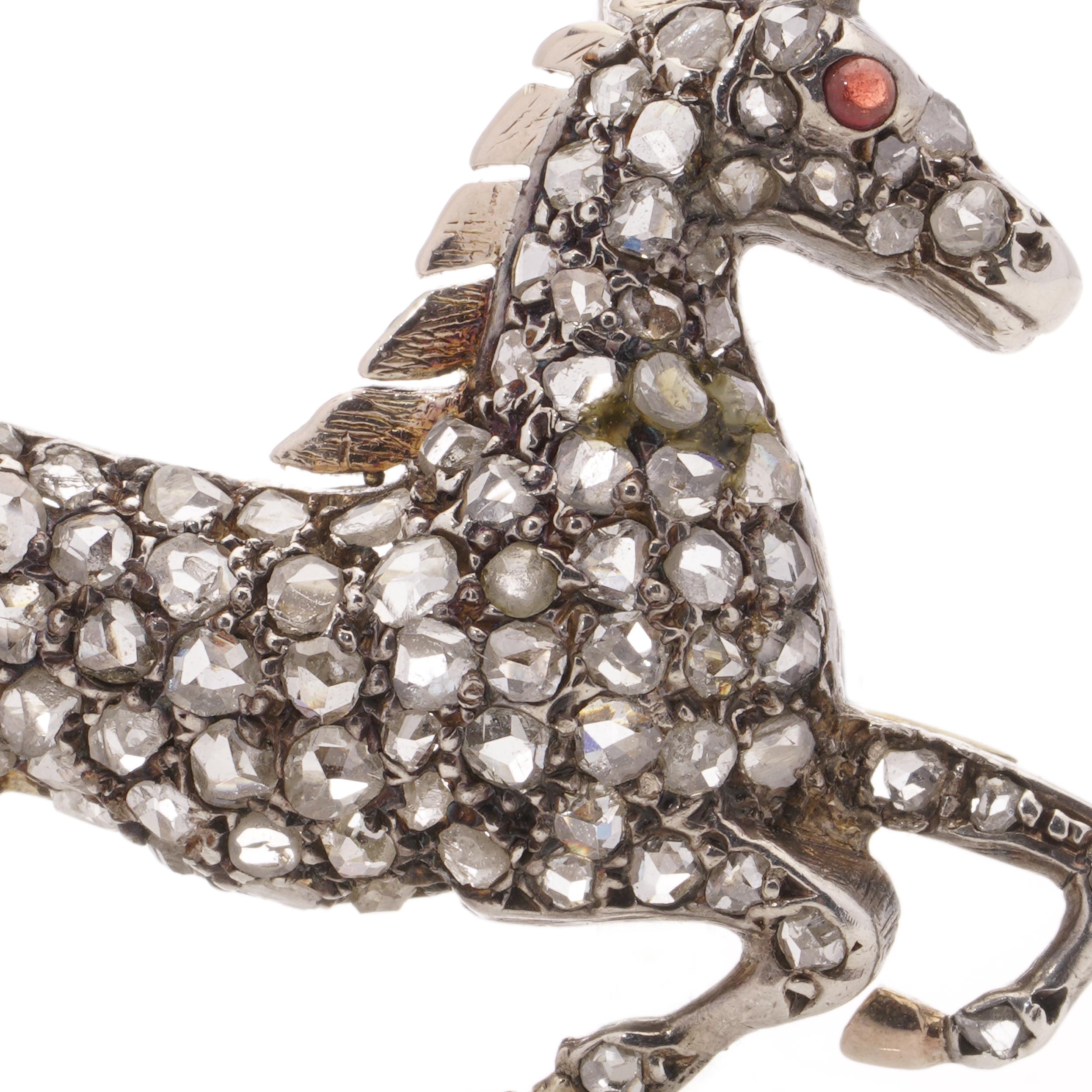 Victorian silver and 9kt gold plated back, horse brooch with rose cut diamonds In Good Condition For Sale In Braintree, GB