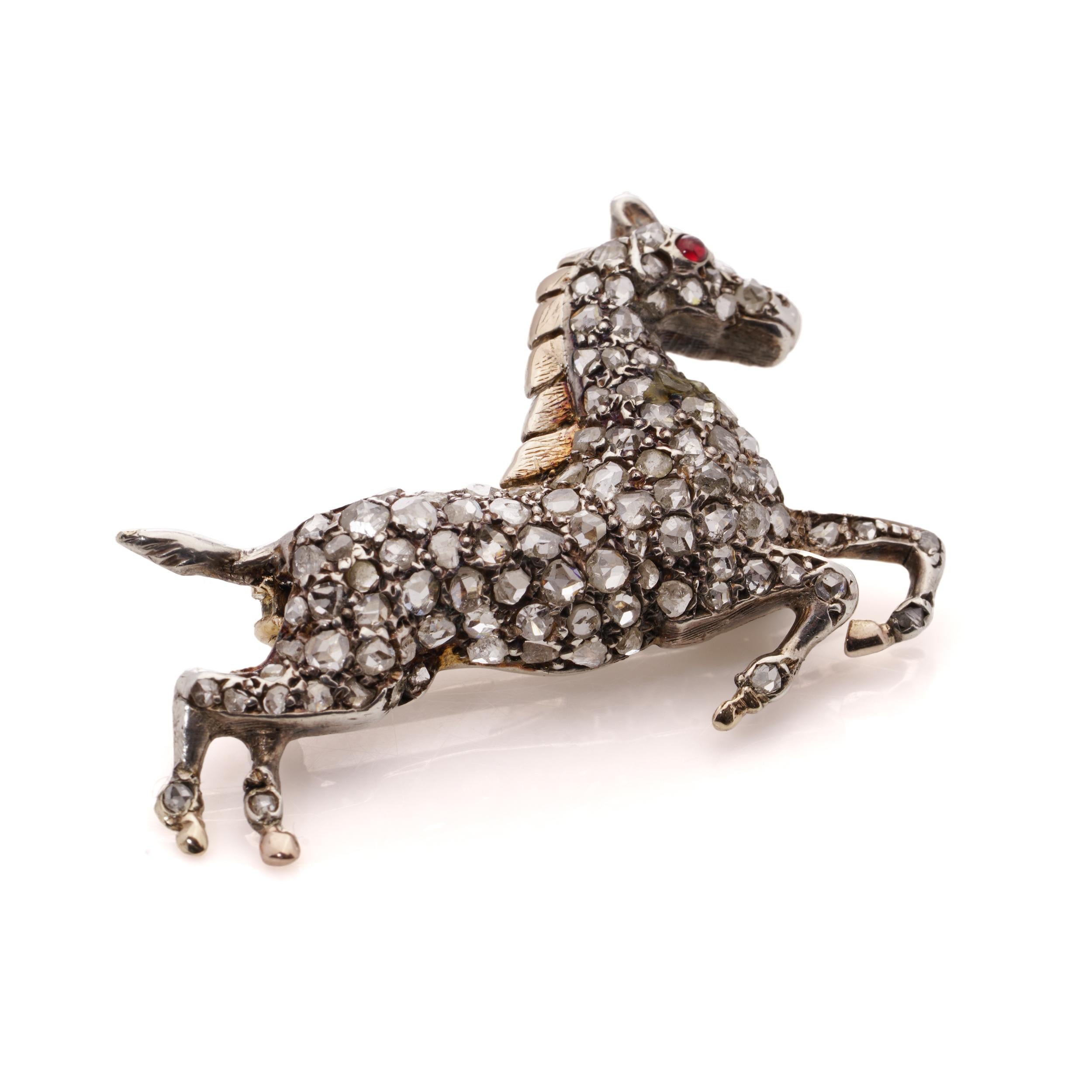 Victorian silver and 9kt gold plated back, horse brooch with rose cut diamonds For Sale 1
