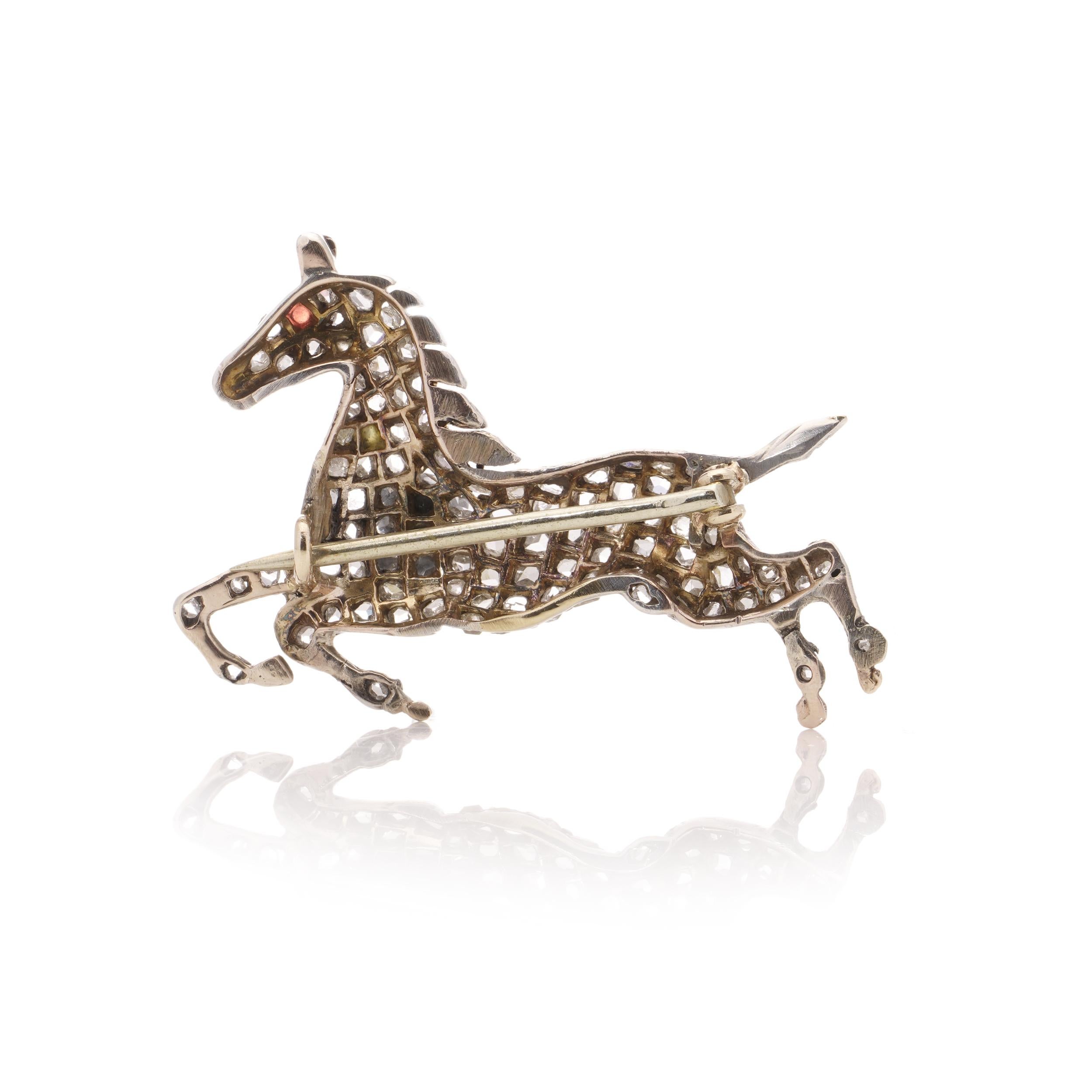 Victorian silver and 9kt gold plated back, horse brooch with rose cut diamonds For Sale 2