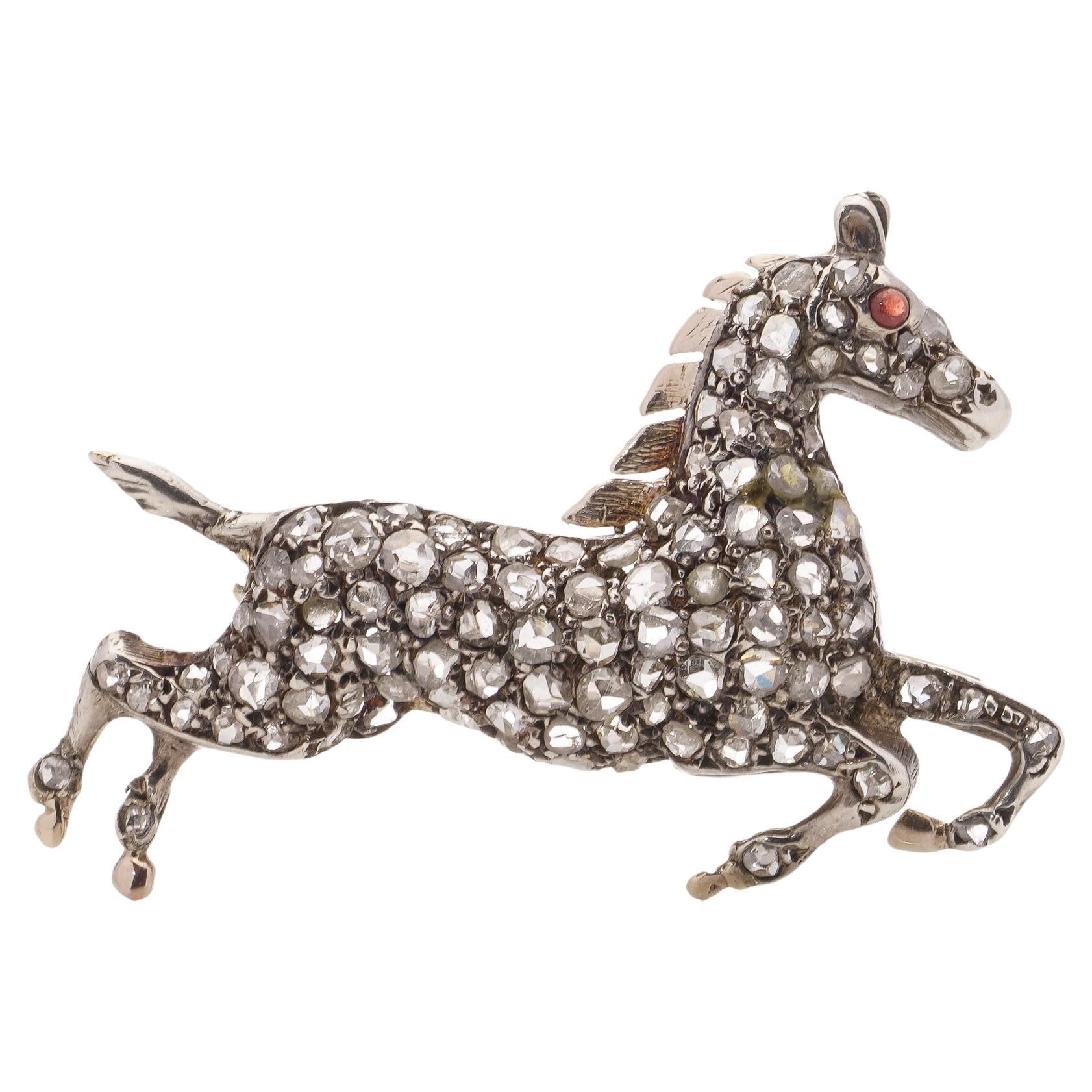 Victorian silver and 9kt gold plated back, horse brooch with rose cut diamonds For Sale