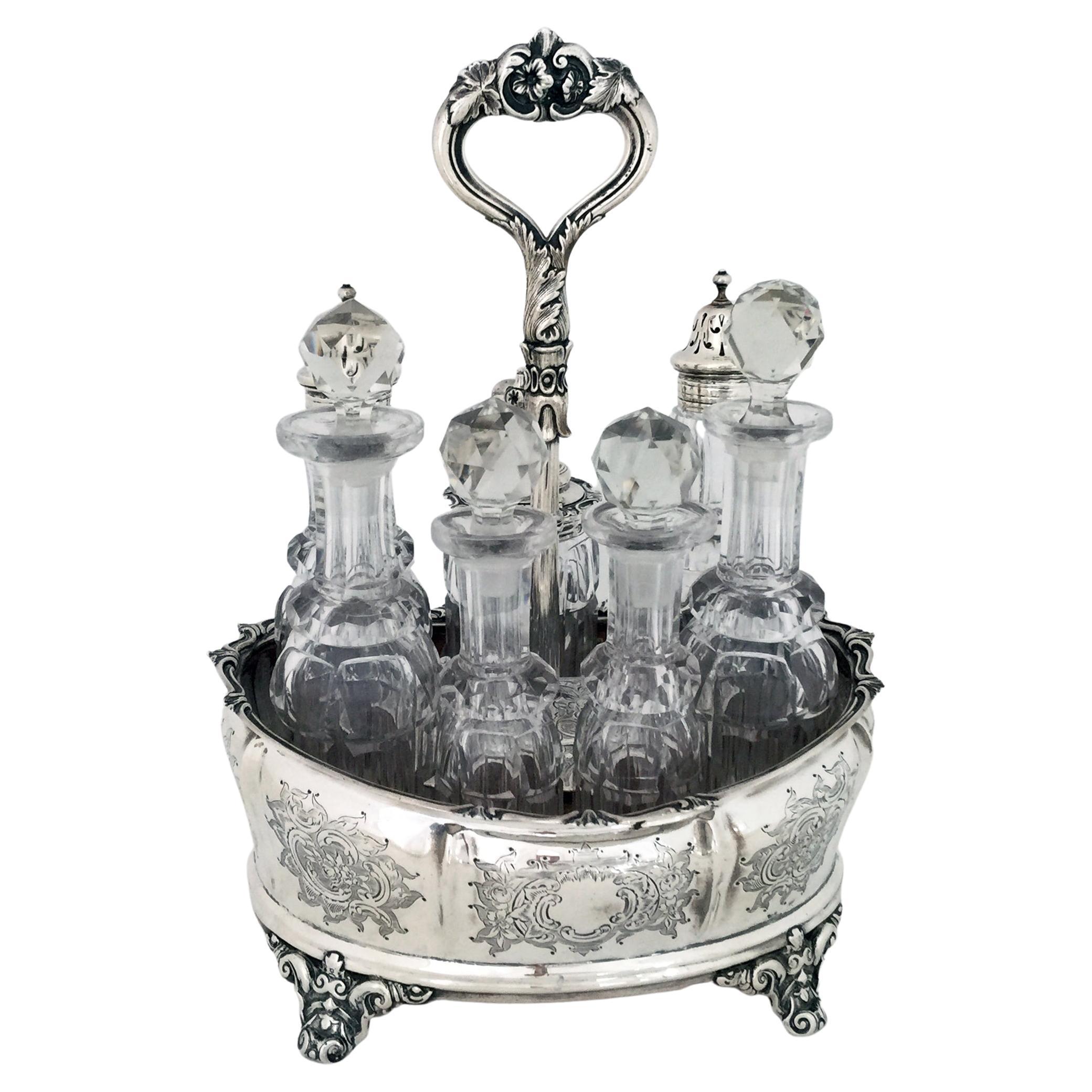 Victorian Silver and Crystal Cruet For Sale