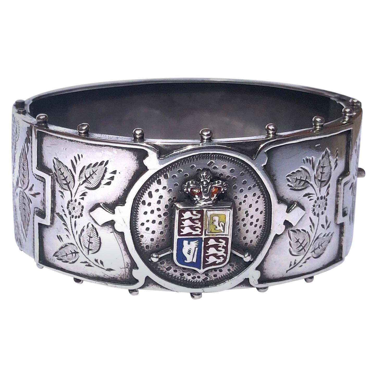 Victorian Silver and Enamel with Coat of Arms Bangle For Sale