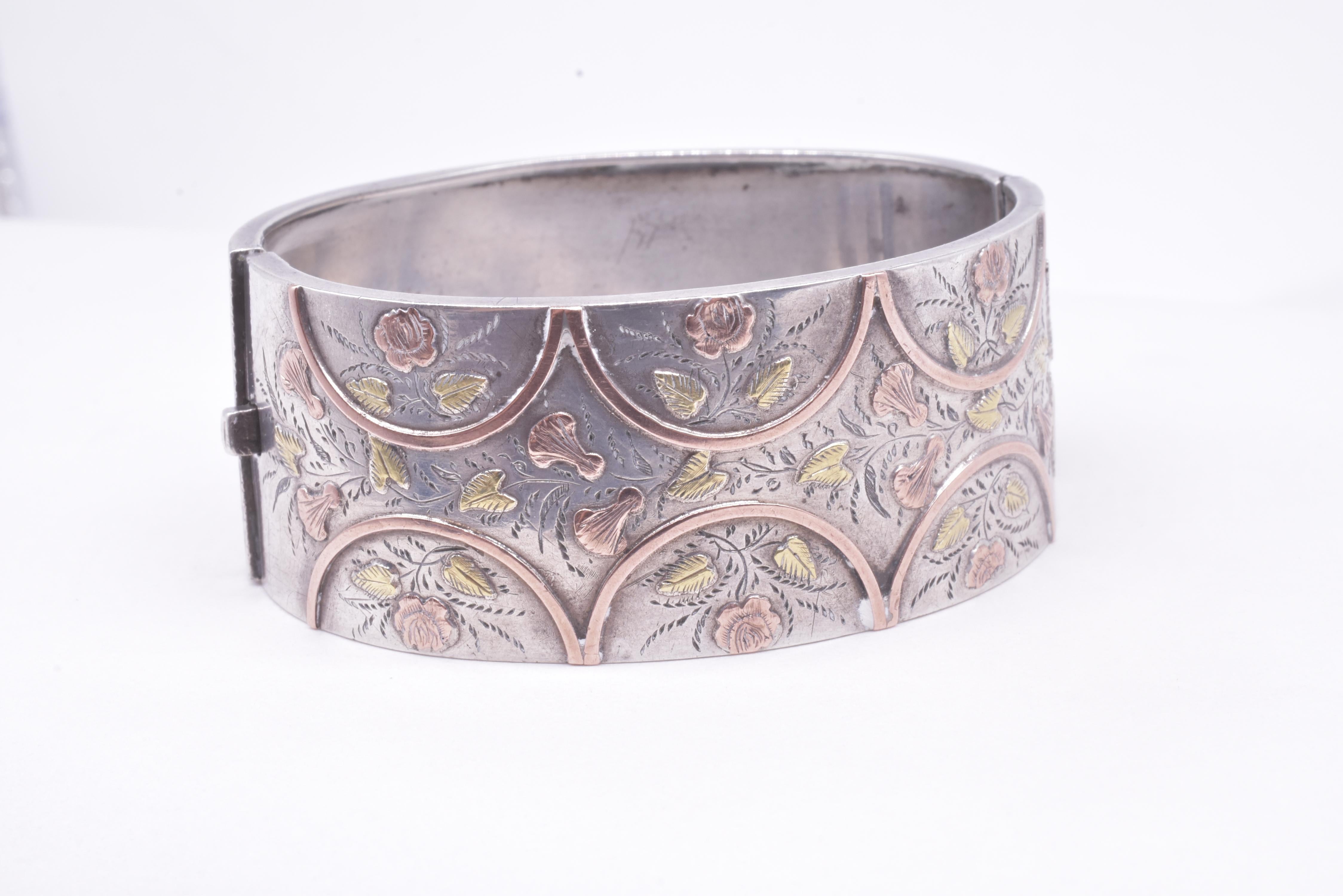 Victorian Silver and Gold Bangle with Roses, Leaves, and Lillies, circa