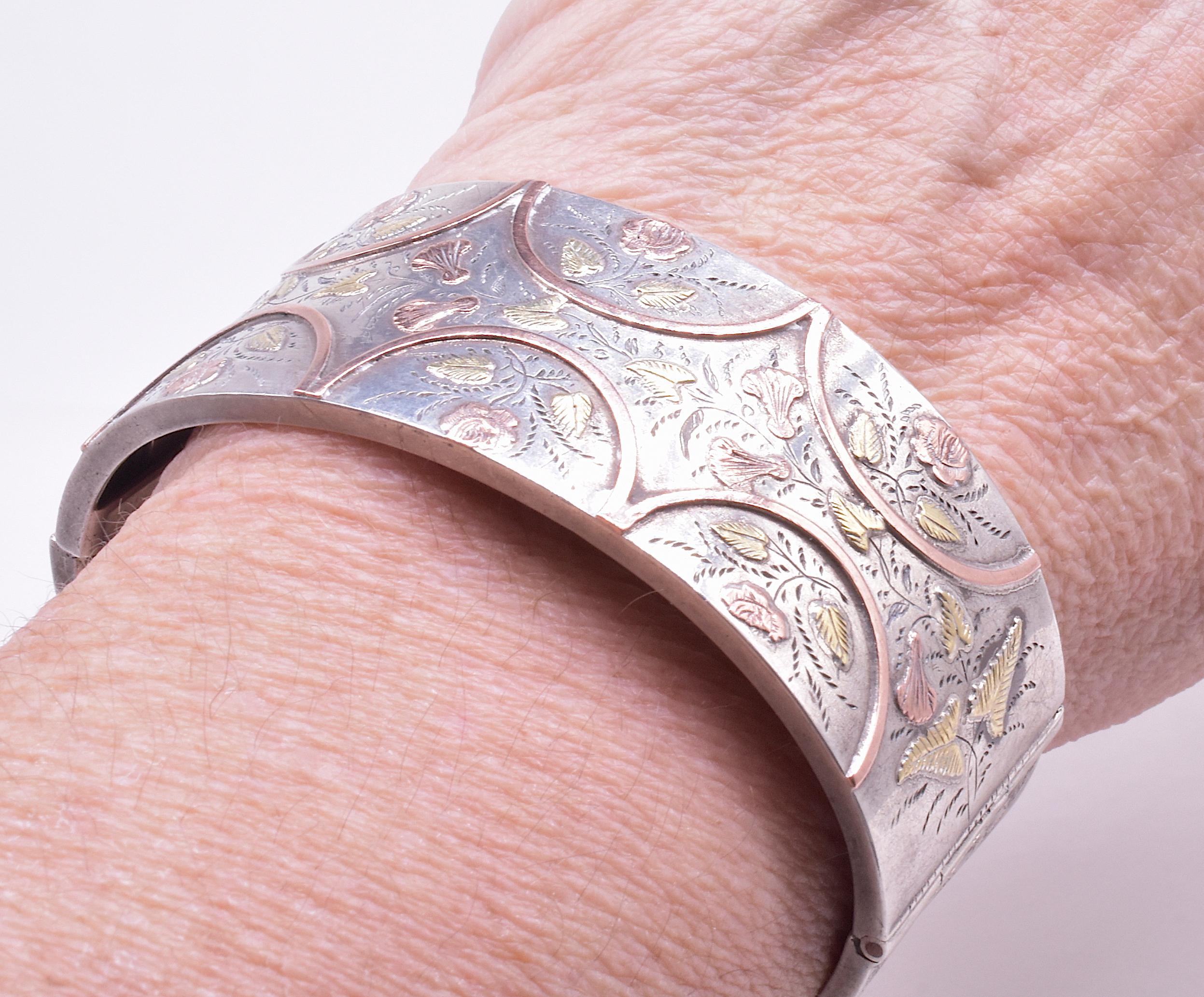 Victorian Silver and Gold Bangle with Roses, Leaves, and Lillies, circa