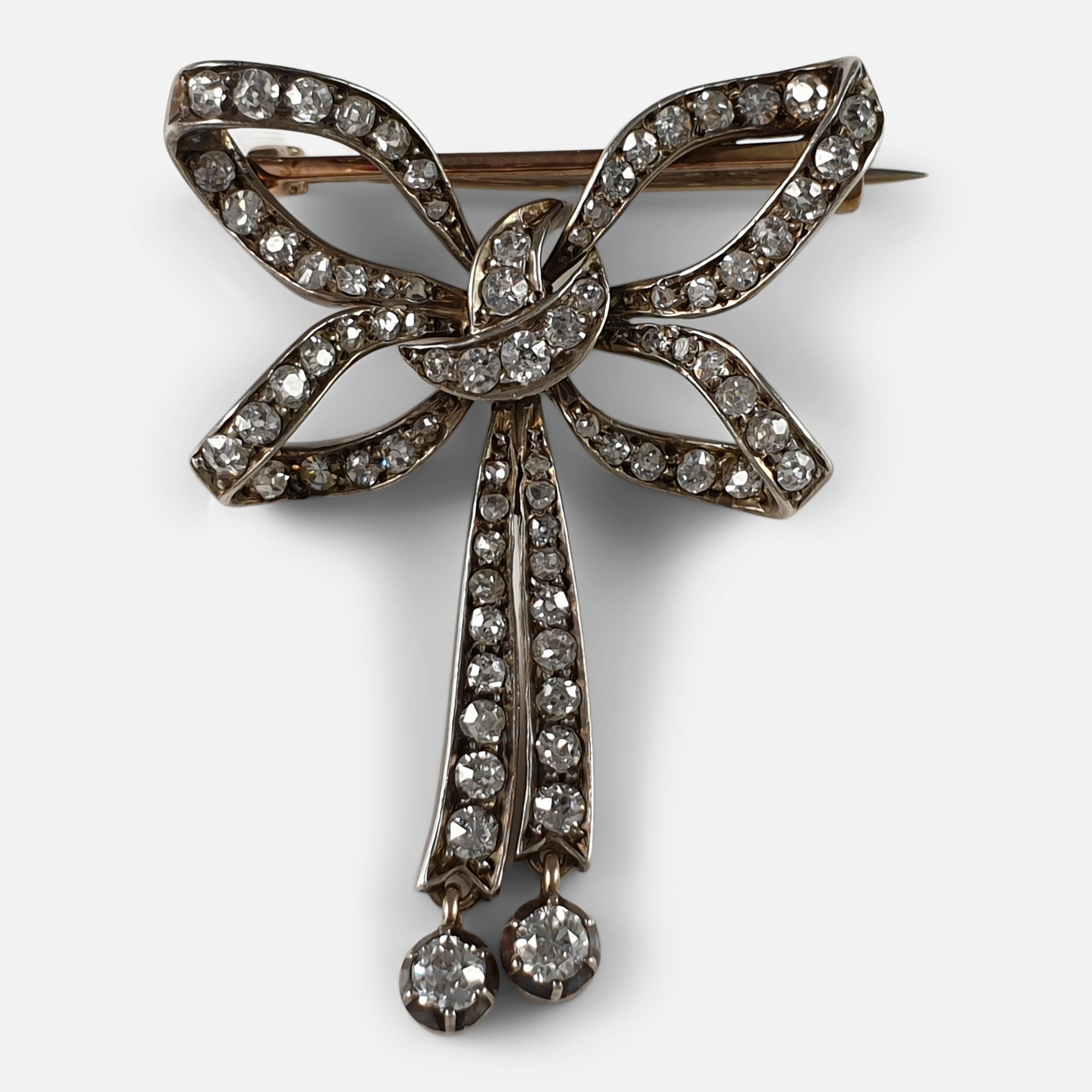 Women's or Men's Victorian Silver and Gold Diamond Bow Brooch, circa 1890s For Sale