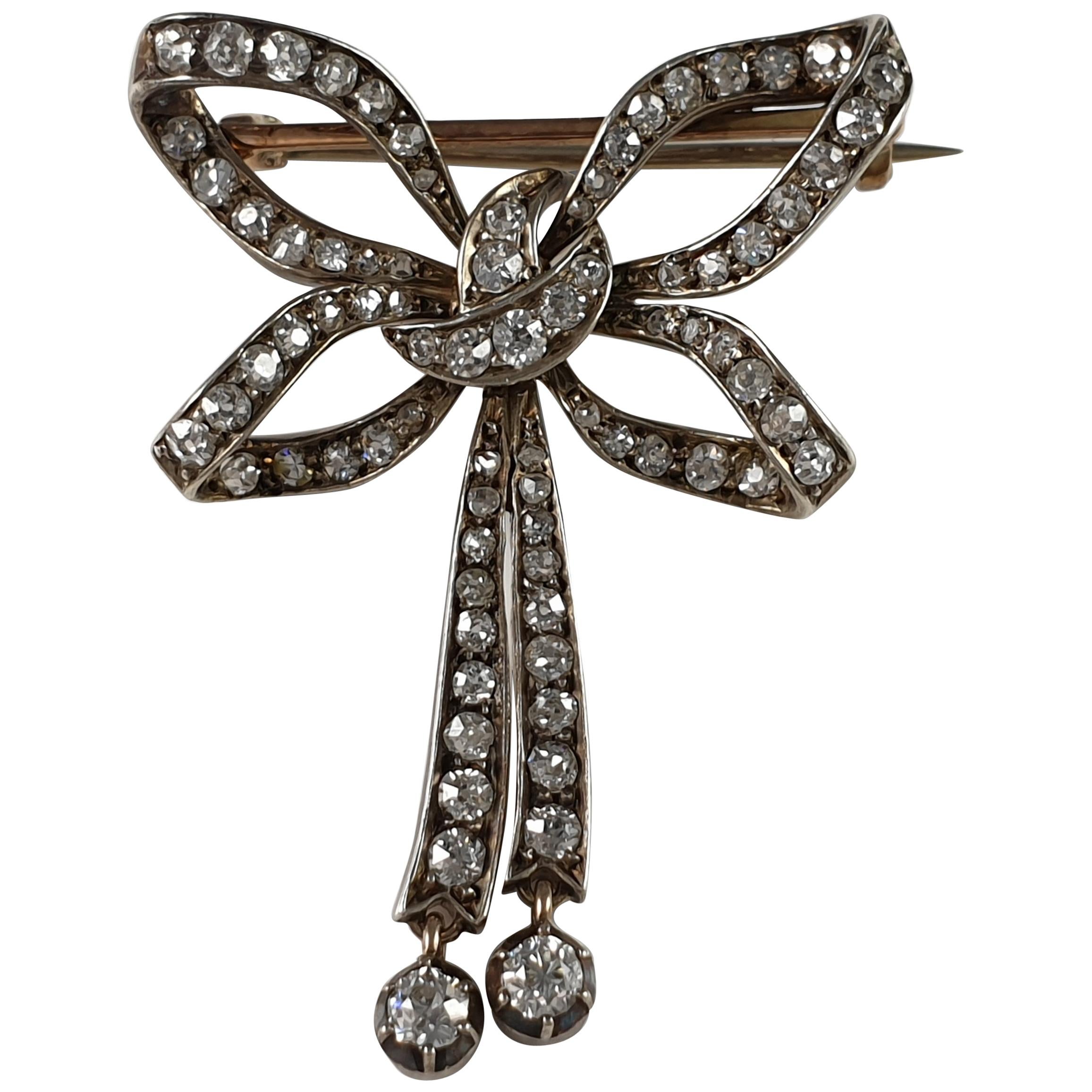 Victorian Silver and Gold Diamond Bow Brooch, circa 1890s For Sale