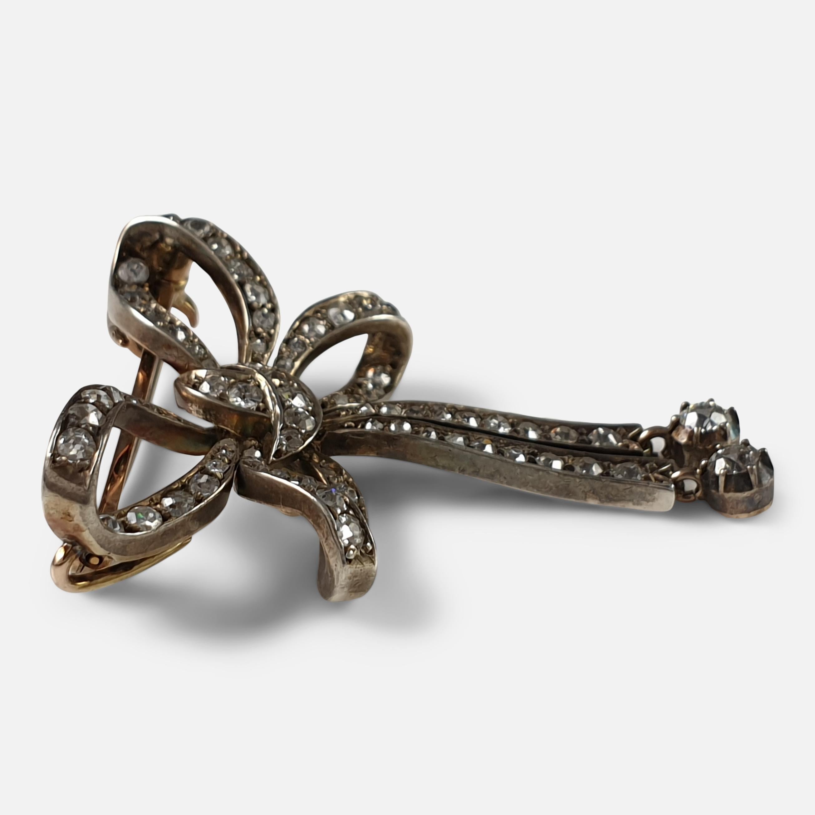 Old Mine Cut Victorian Silver and Gold Diamond Bow Brooch For Sale