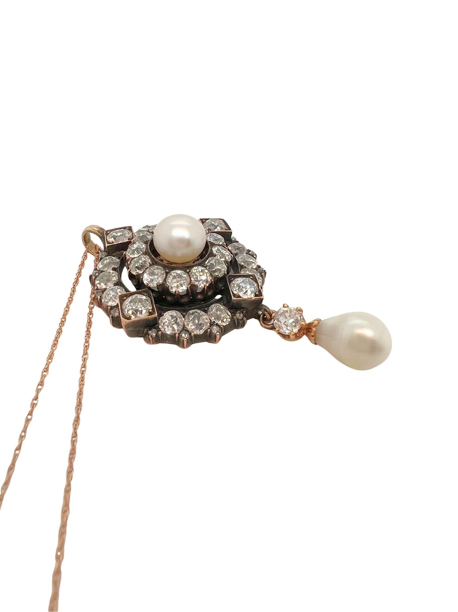Perlina Collana vittoriana in argento e oro con diamante e perla naturale in vendita