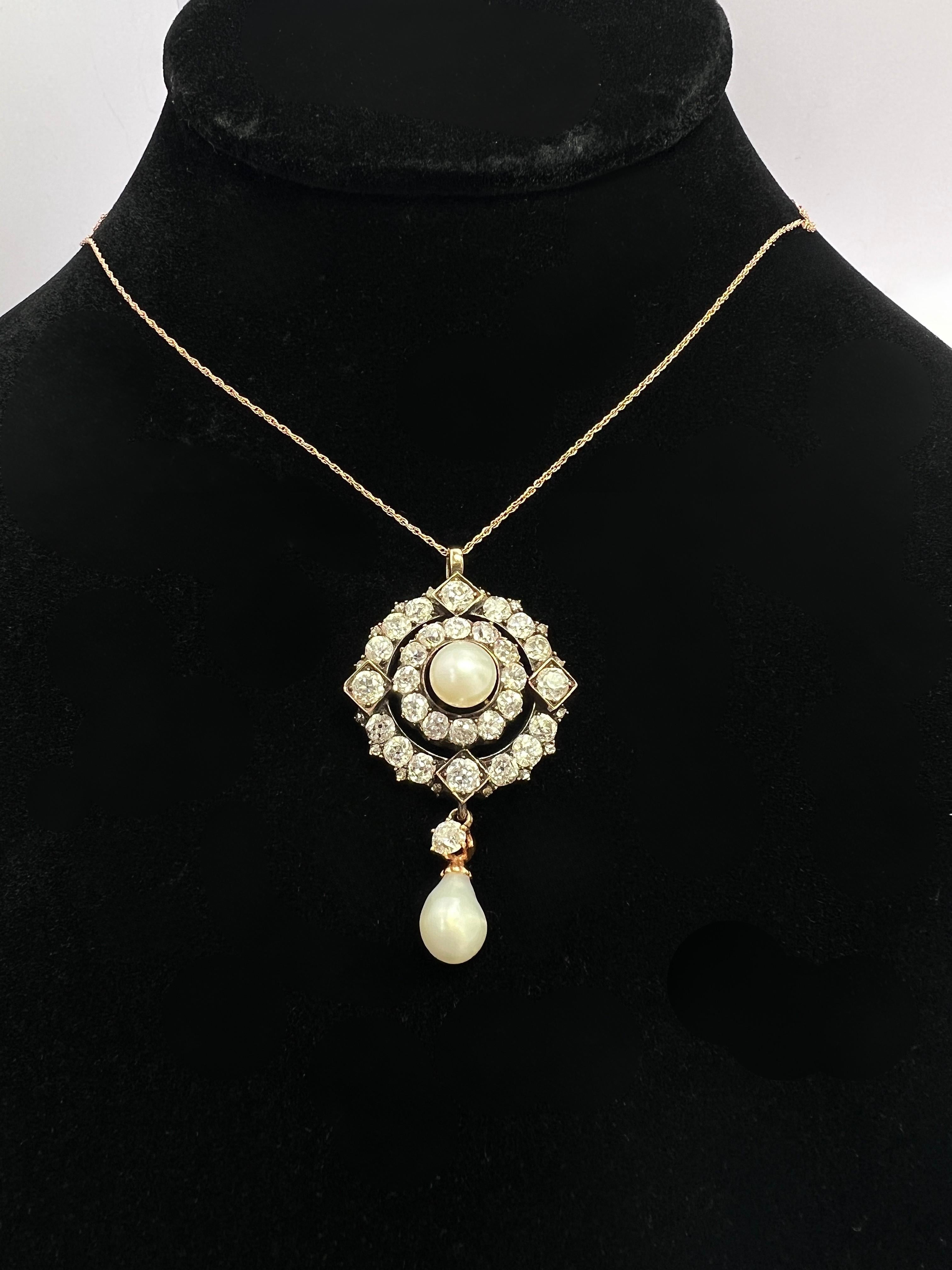 Collana vittoriana in argento e oro con diamante e perla naturale In condizioni ottime in vendita a New York, NY