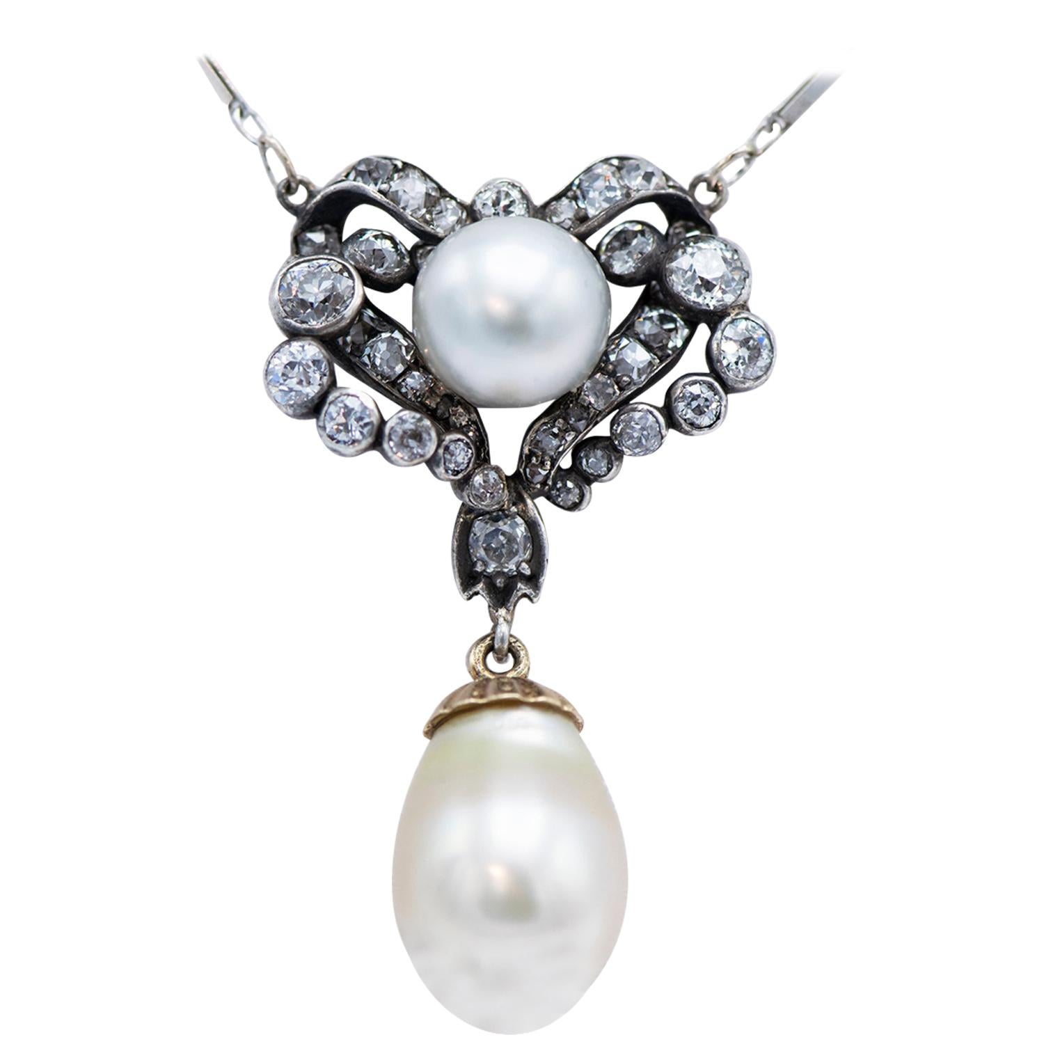 Victorian Silver and Gold Diamond Pearl Pendant Necklace