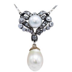 Antique Victorian Silver and Gold Diamond Pearl Pendant Necklace