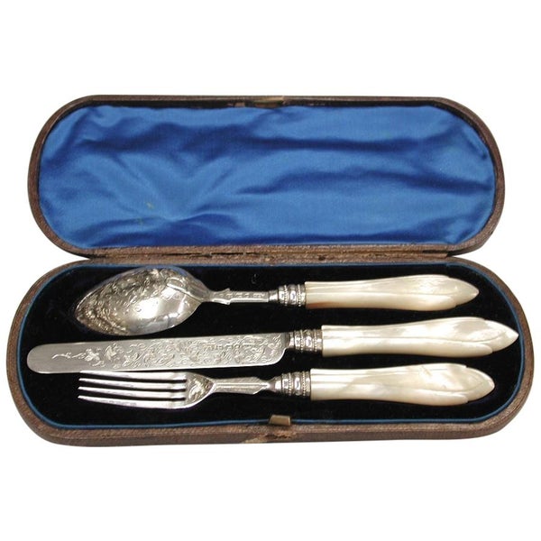 Victorian Silver and Mother of Pearl Childs Knife Fork and Spoon Set, 1867