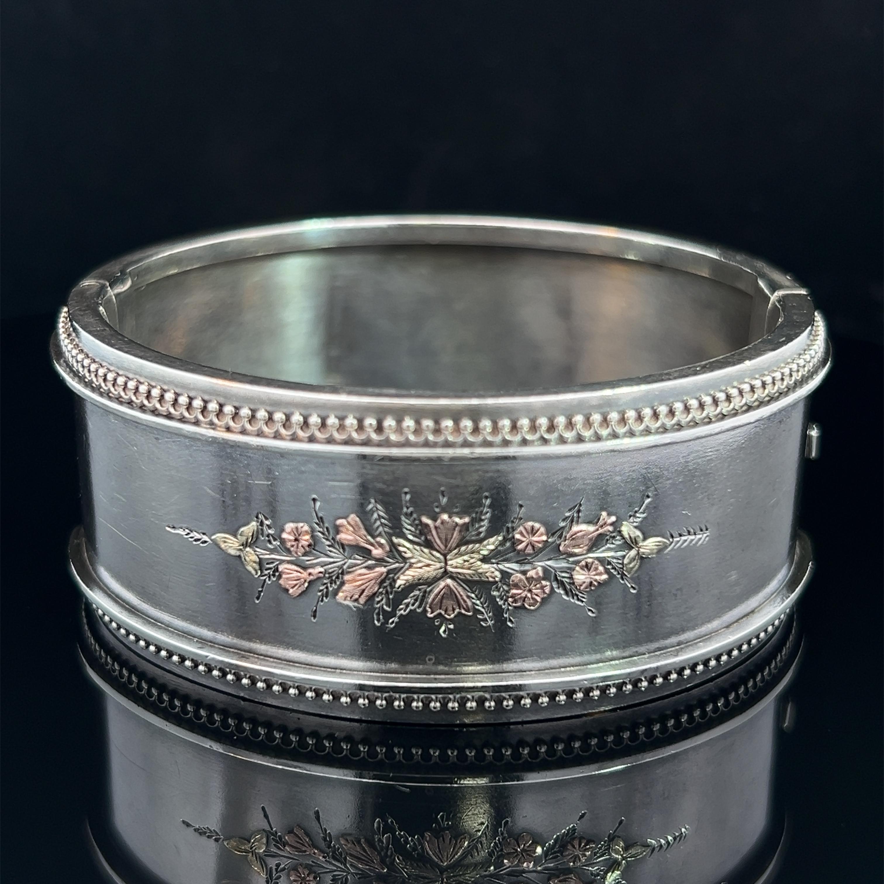 Victorian Silver Bangle with Gold Floral Inlay Circa 1185 For Sale 6