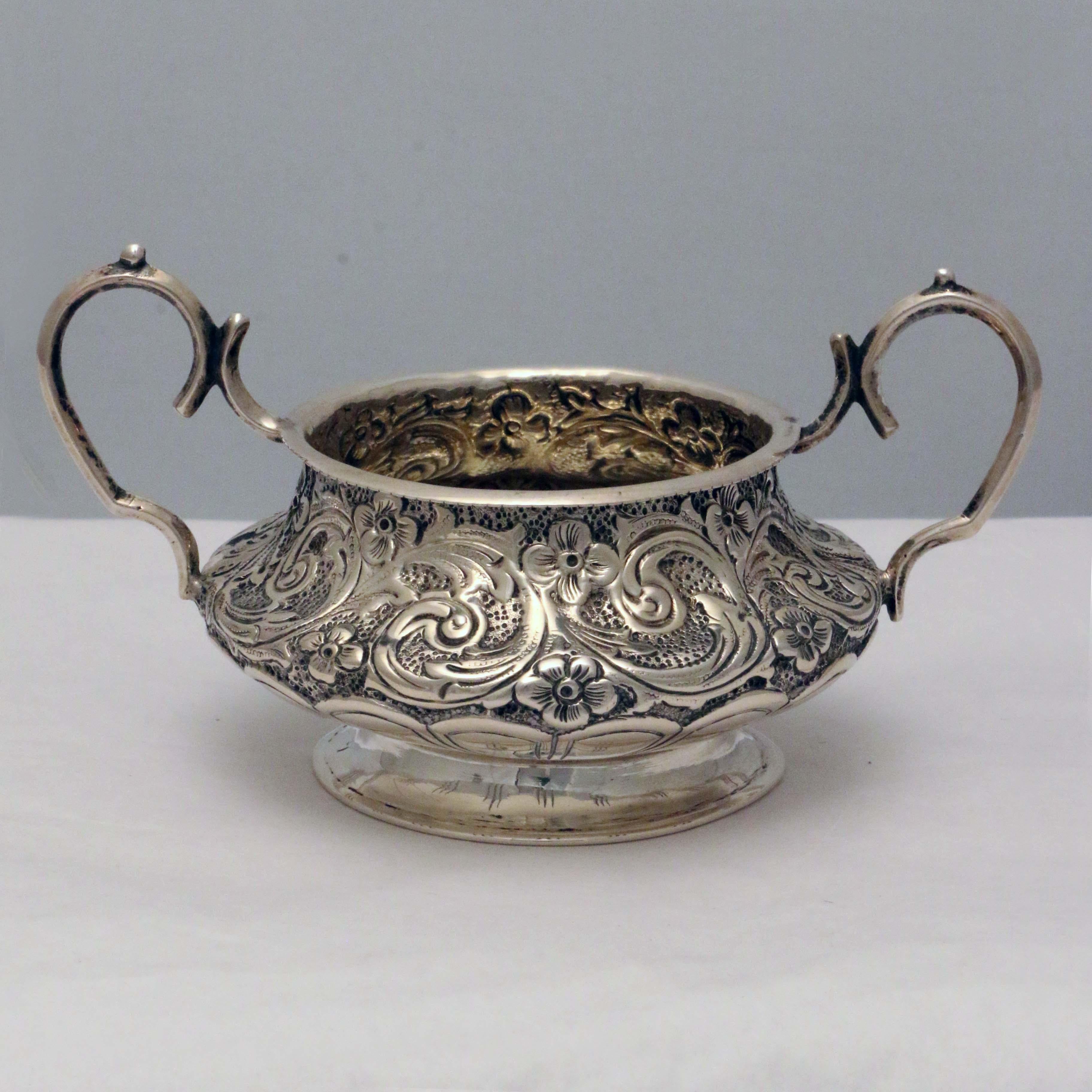 English Victorian Silver Batchelors' Tea Service with Lobed and Acanthus Decoration For Sale