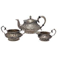 Antique Victorian Silver Batchelors' Tea Service with Lobed and Acanthus Decoration